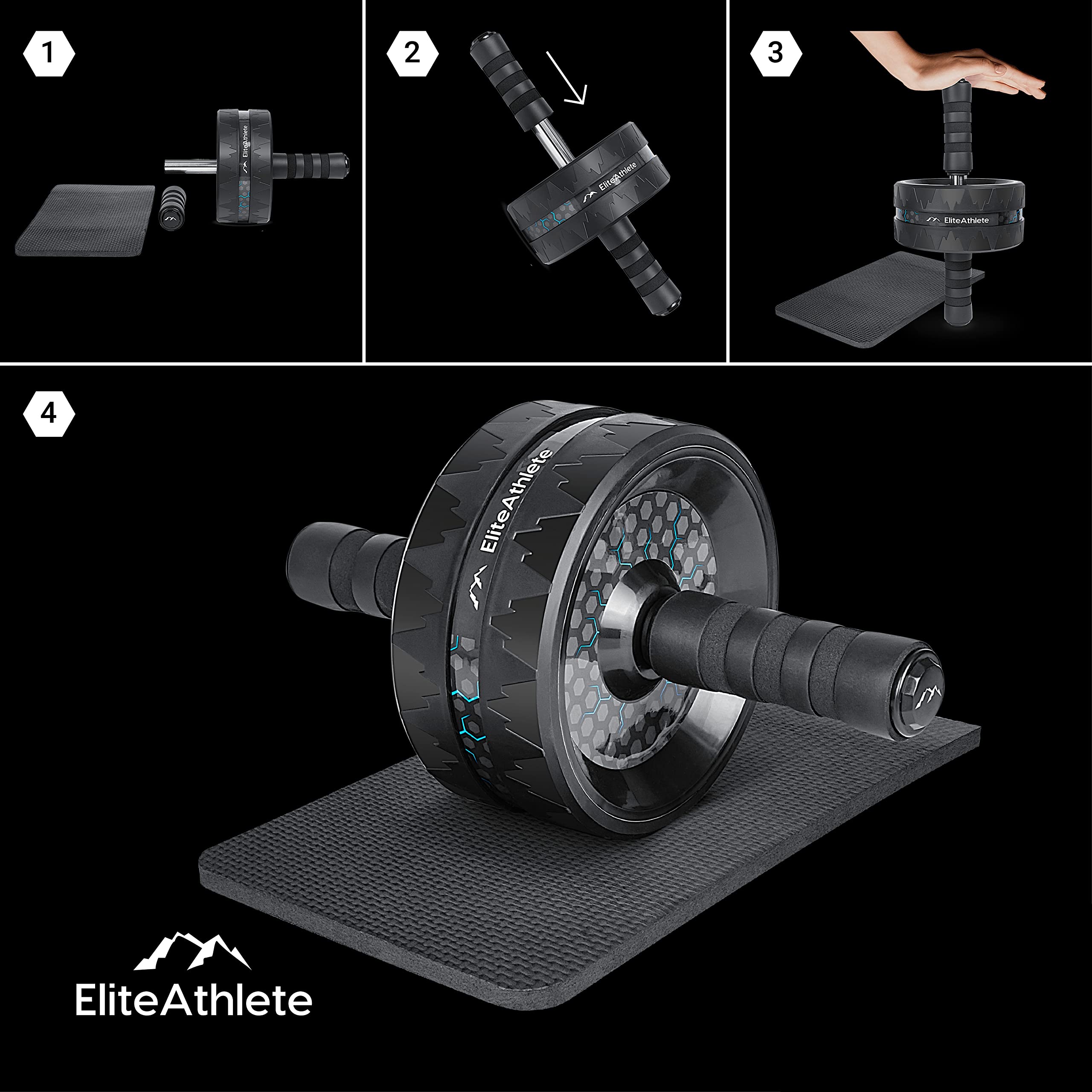 EliteAthlete AB Roller, attrezzo per addominali, per addominali, per la casa, per la pancia, per l'allenamento addominale, AB Wheel, con tappetino imbottito per ginocchia