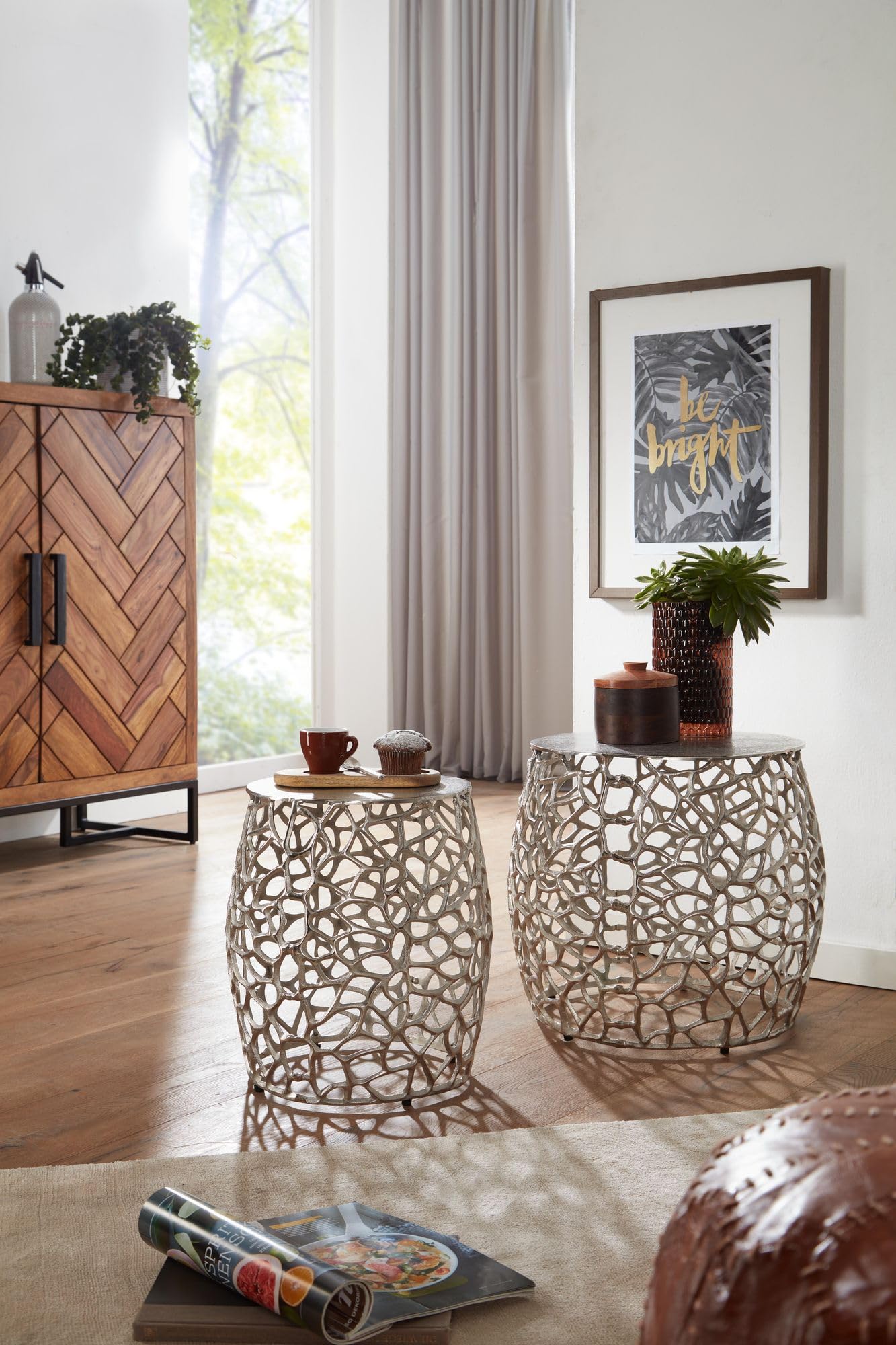 FineBuy Tavolini da Soggiorno Alluminio Tavoli per Salotto Argento | Set di 2 Tavolino Basso Moderno | Tavolinetti da caffè Rotondi