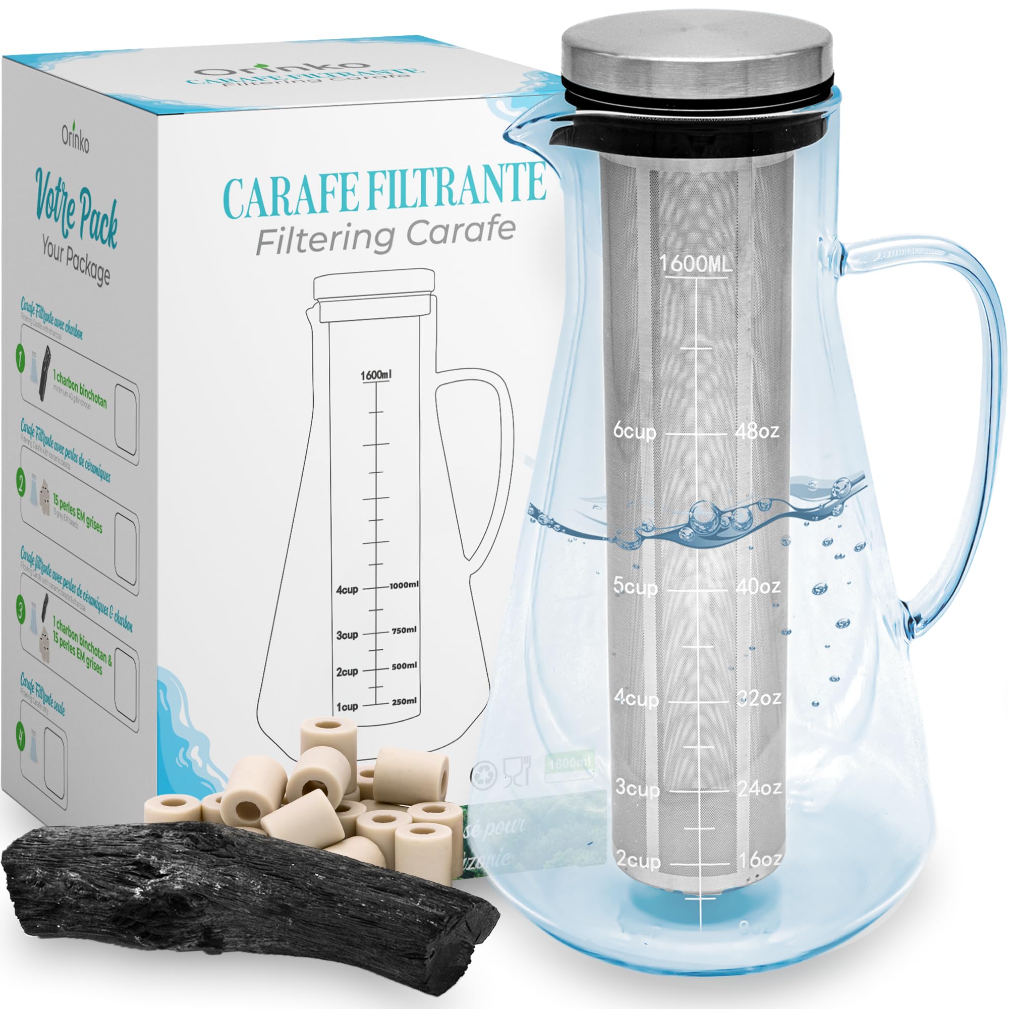 ORINKO® Caraffa Filtrante 1,6L in Vetro con Carbone Attivo x1 e Perle Ceramica EM x15 - Kit Filtro Acqua con Filtro Inox - Acqua Pura, Gusto Neutro e Cucina Sostenibile Zero Plastica