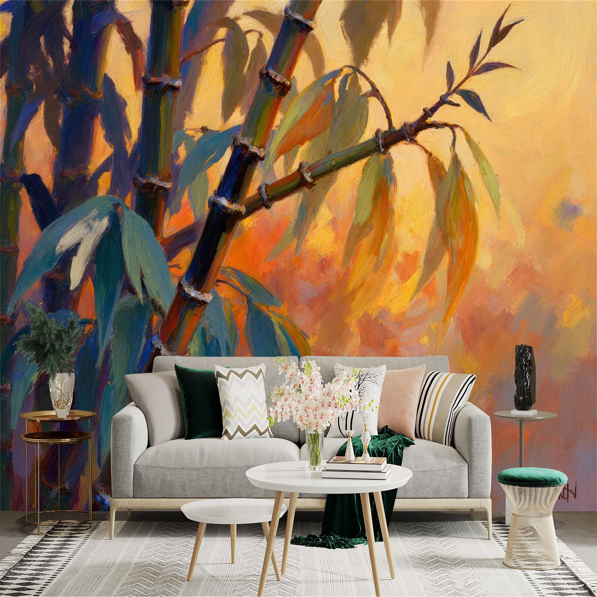 Custom Size Wall Sticker Mural， Bamboo Stalks in Sunset Light， Impressionist Style Oil Painting， Zen Botanical Art， Warm Golden Background， for wall Decoration， peelandstick wall Decals.
