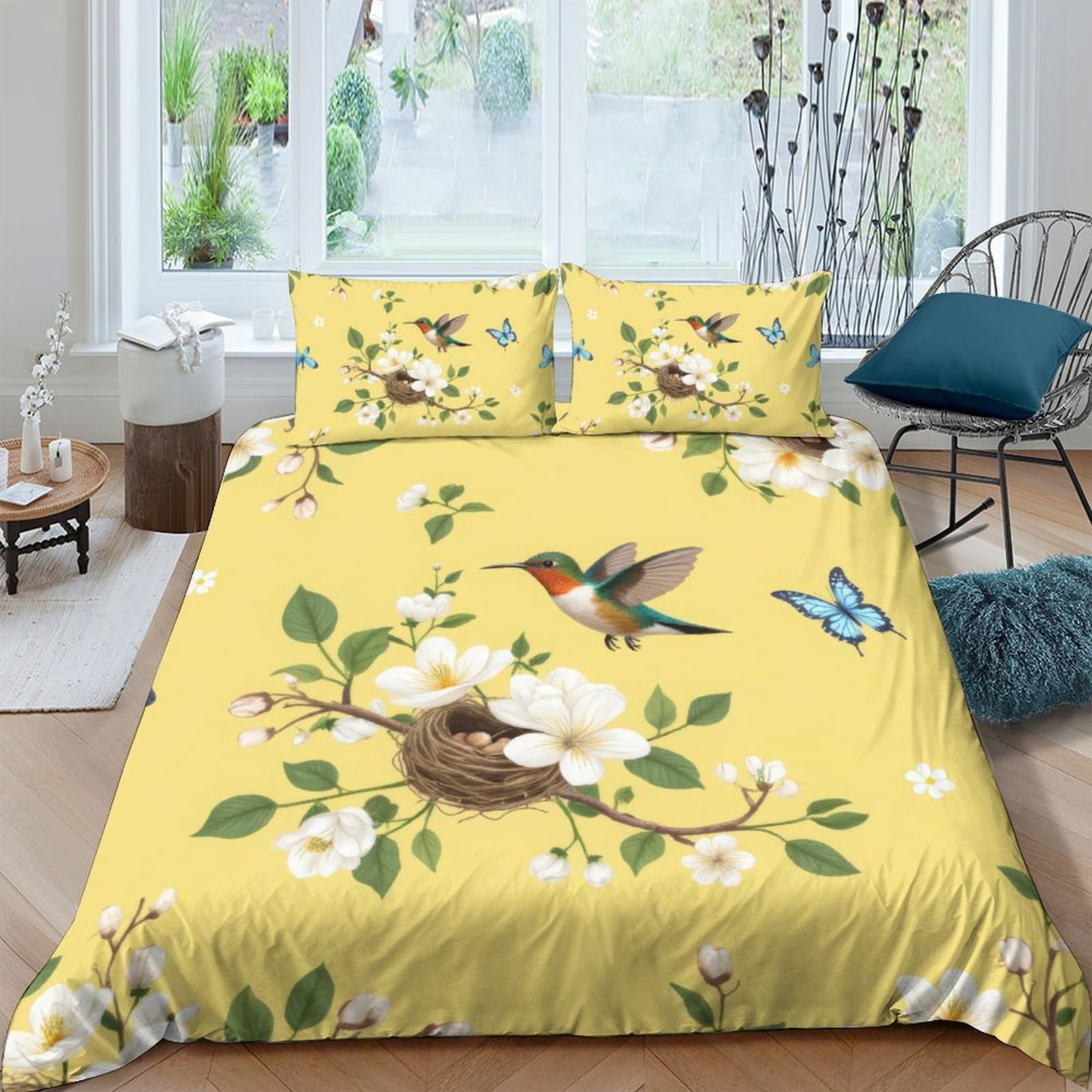 Ctjqhvkz Style-4 3D Printed Yellow Bird Floral Fitted Sheet Microfiber Breathable Blue Butterfly Mattress Cover Bedroom Guest Room Decor Single（135X200cm）