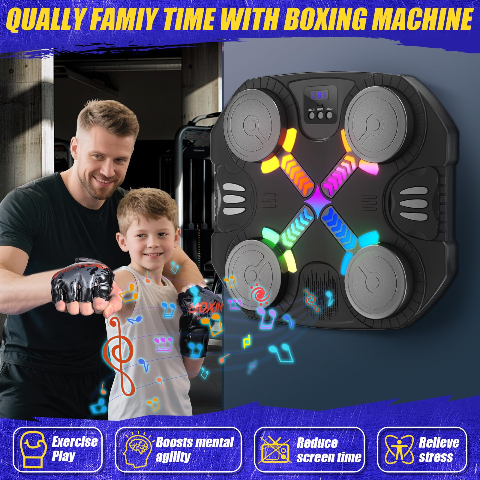 Máquina de Boxeo Musical para Niños, Máquina de Boxeo Bluetooth Montada en Pared con Guantes, Luces y Retroalimentación Sonora, Niños y Niñas de 3 a 12 Años (Negro)