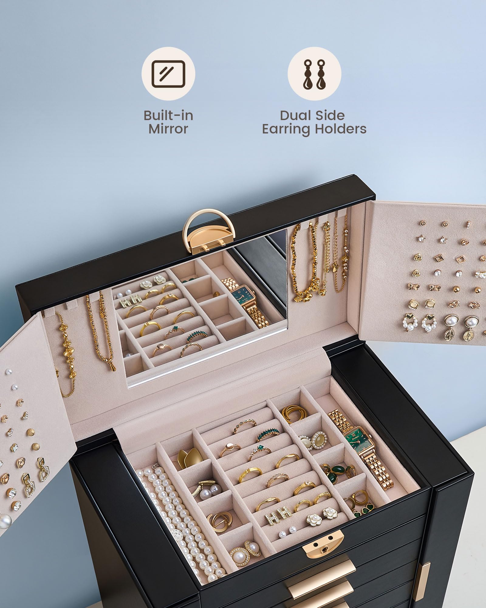 Lolalet Caja Organizadora de Joyas Grande 8 niveles con Espejo Negro | con Cerradura, para Anillos, Pendientes, Pulseras, Collares y Relojes. Ideal para Hogar y Regalos para Mujeres