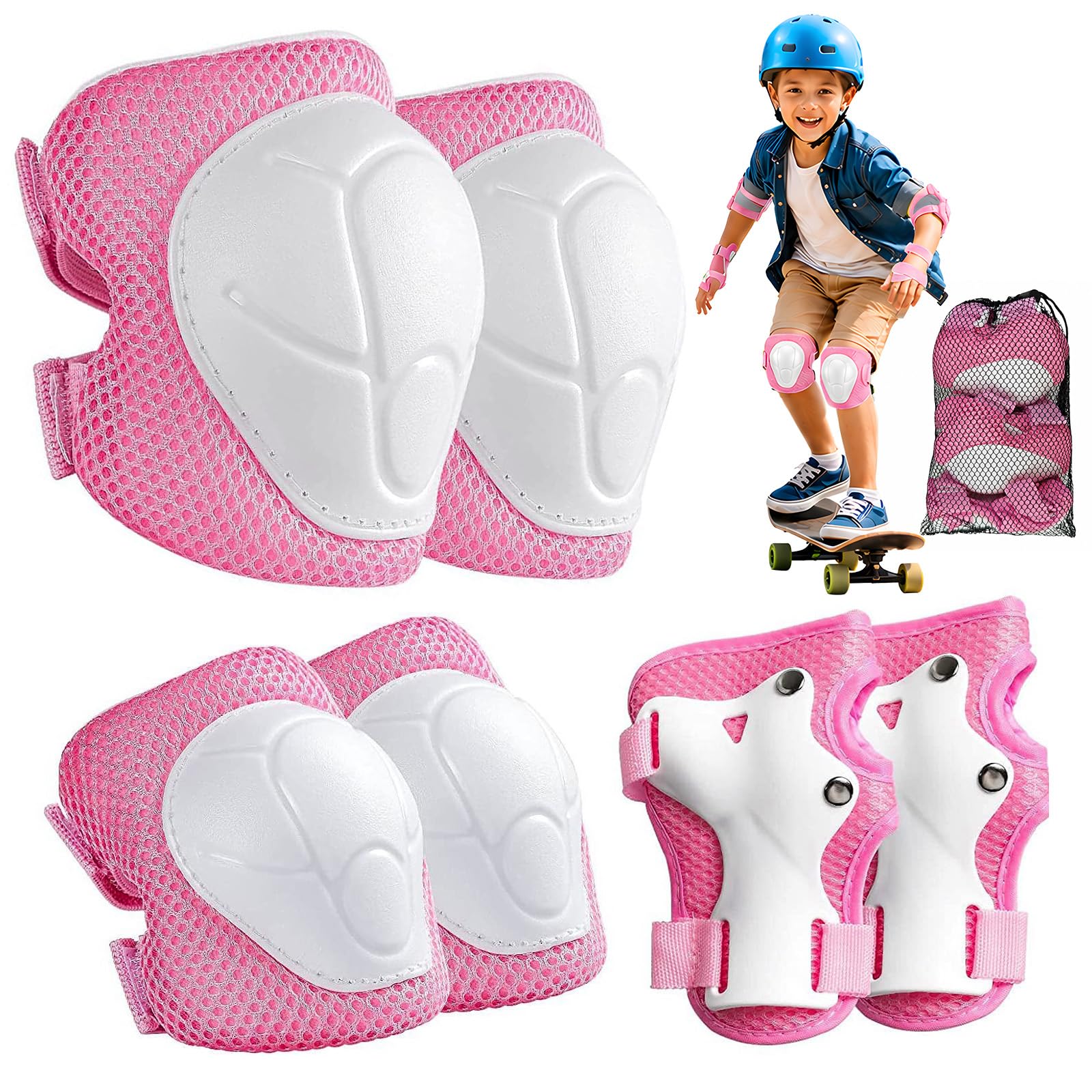 Lafefe 6PCS Pink Kids Protective Gear Set Knee Elbow Wrist Pads, Lightweight Breathable Mesh & Hard Shell, Adjustable Straps Safety Pads S Size for Roller Skating Cycling Skateboard