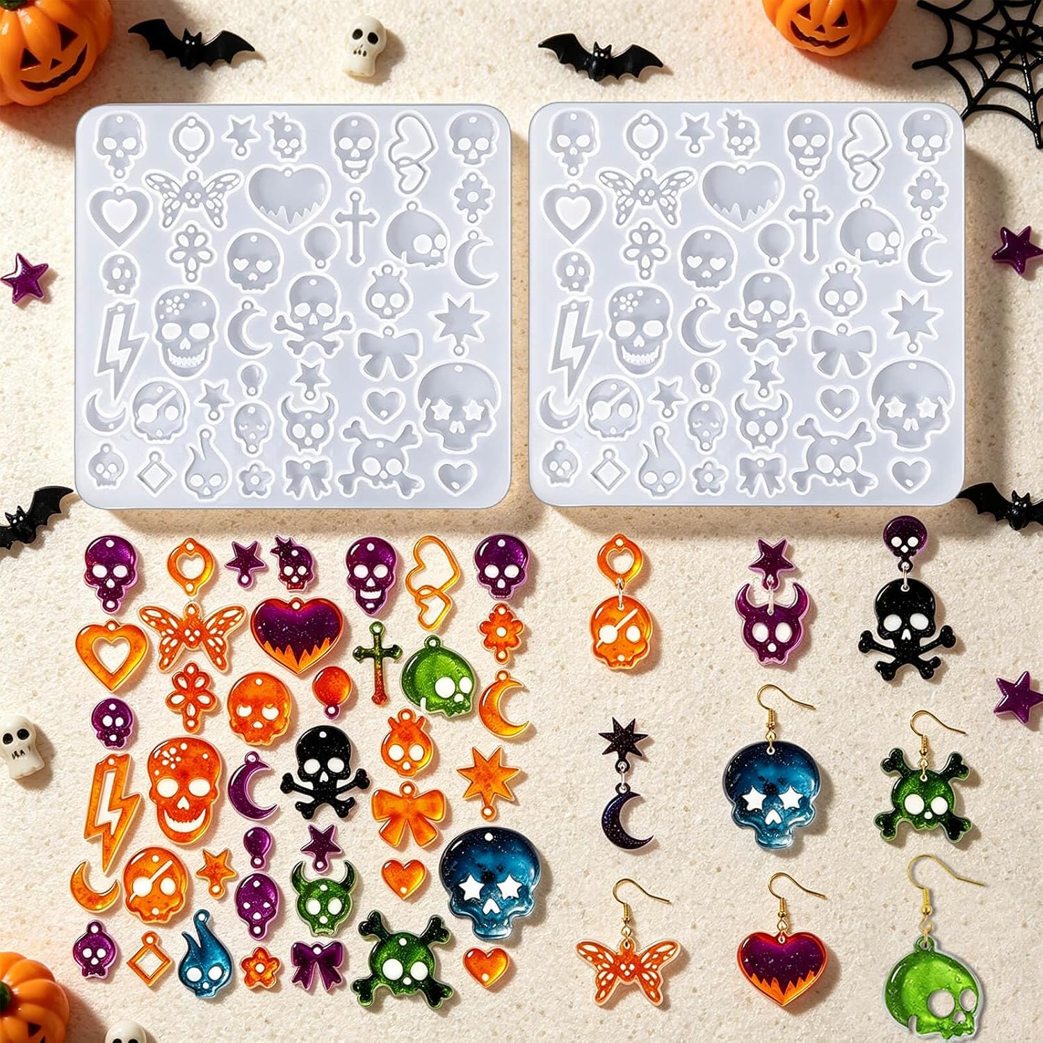 Halloween Earring Resin Molds 4PCS, Skull Jewelry Casting Silicone Mold Kit with 200Pcs Earring Hooks & Jump Rings for Resin Casting, DIY Craft Pendant Jewelry Earring Keychain Halloween Party Gifts