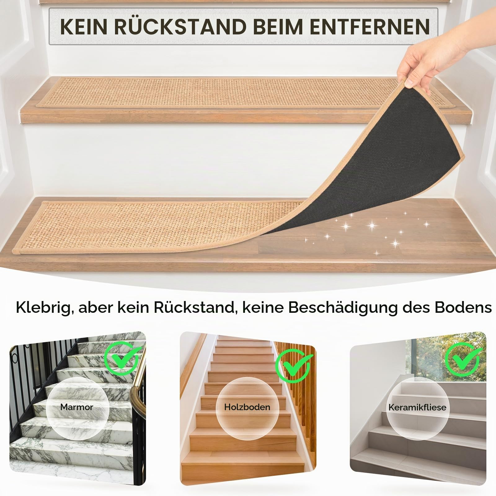 AKOZLIN Leinen Treppenstufen Matten, Maschinenwaschbar,8"×30",15 Stück | Rutschfest für Holzstufen, Für Kinder und Haustiere, Indoor Treppenläufer Beige
