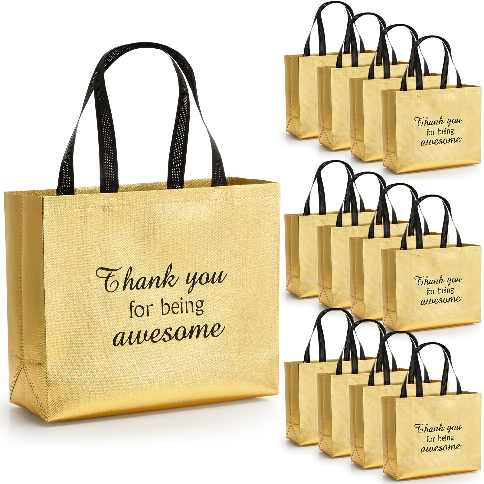 Sweetude 24 Pcs Bulk Thank You Gift Bags with Handles Reusable Nonwoven Gold Wedding Return Foldable Bags Thanks You Totes for Birthday Baby Show Graduations Party Favors, 12. 6 x 10. 6 x 4. 7 Inch