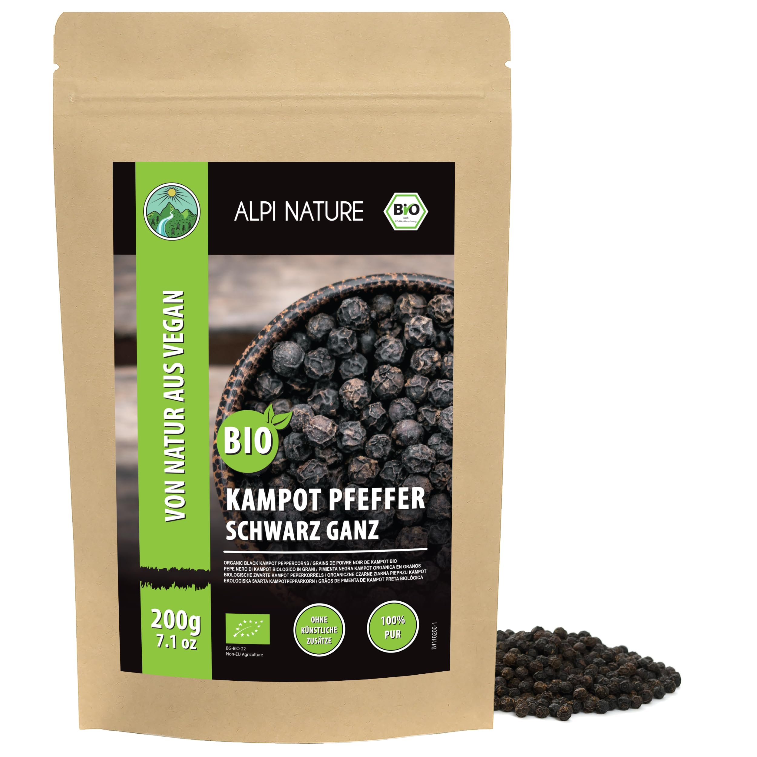 Alpi Nature Pepe Nero di Kampot BIO 200g, Grani di Pepe di Kampot Biologico Interi per Cucinare