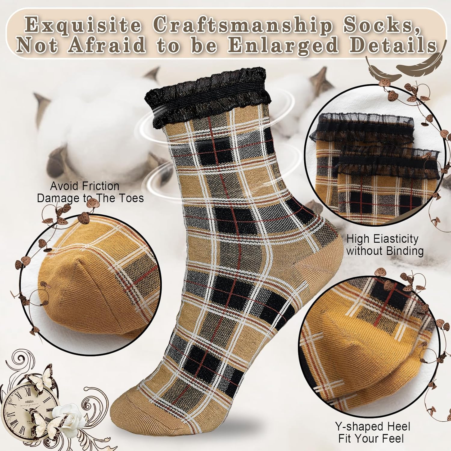 5 Pairs Women's Floral Cotton Vintage Pattern Crew Novelty Ankle Ruffle Warm Casual Dress Socks - Image 3