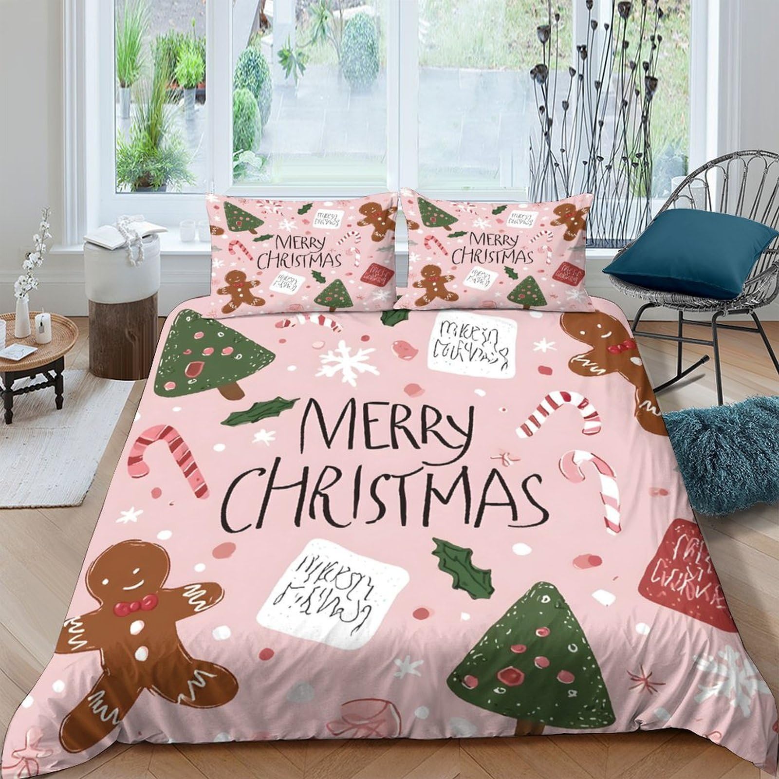 P5V6M1Q9 3D Printed Christmas Gingerbread Duvet Cover Microfiber Soft Pink Candy Bedding Set with 2 Pillowcases for Bedroom Decor Single（135x200cm）