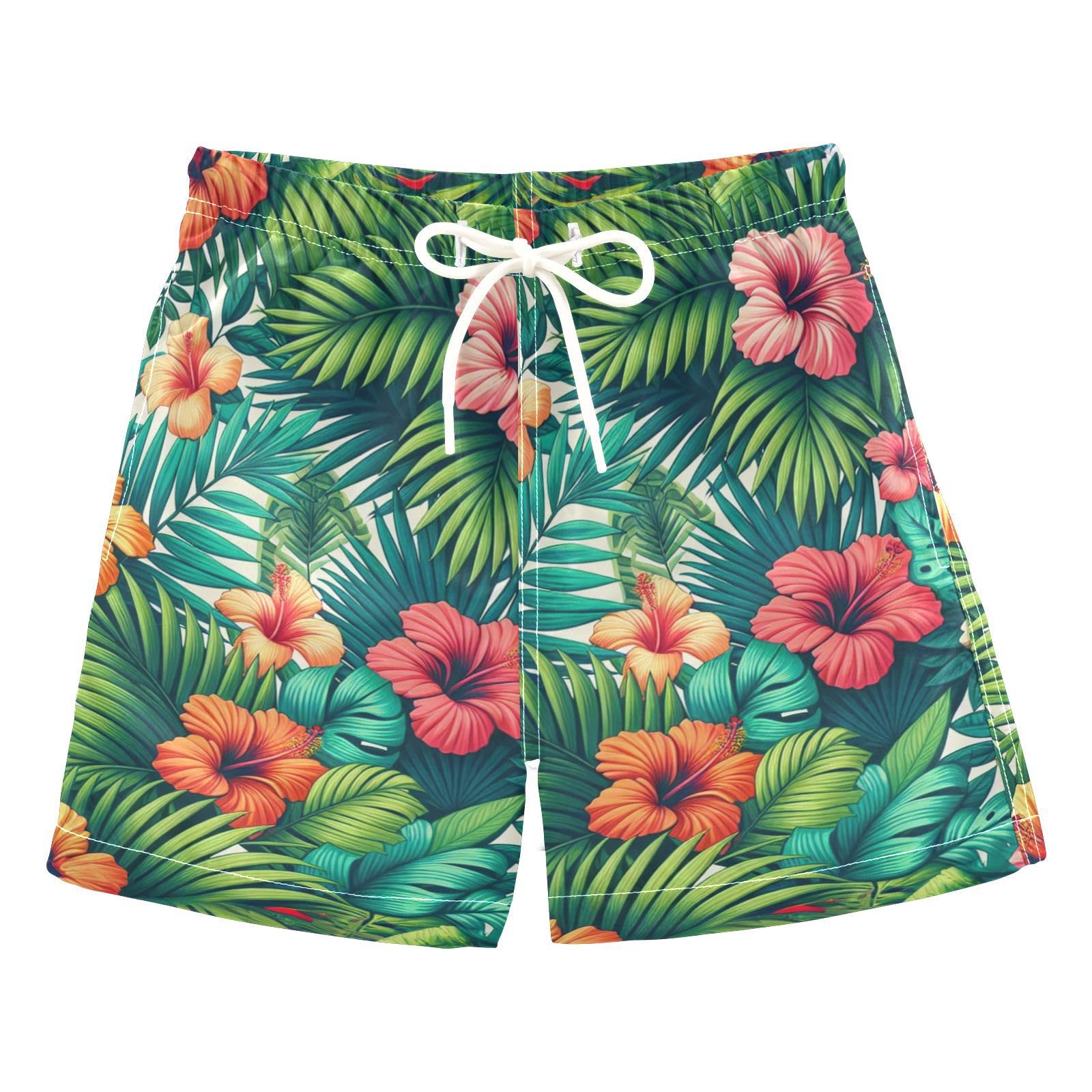 FLildon Tropical Palm and Hibiscus Little Boys Swim Trunks with Mesh Lining Quick Dry Beach Board Shorts, 3T