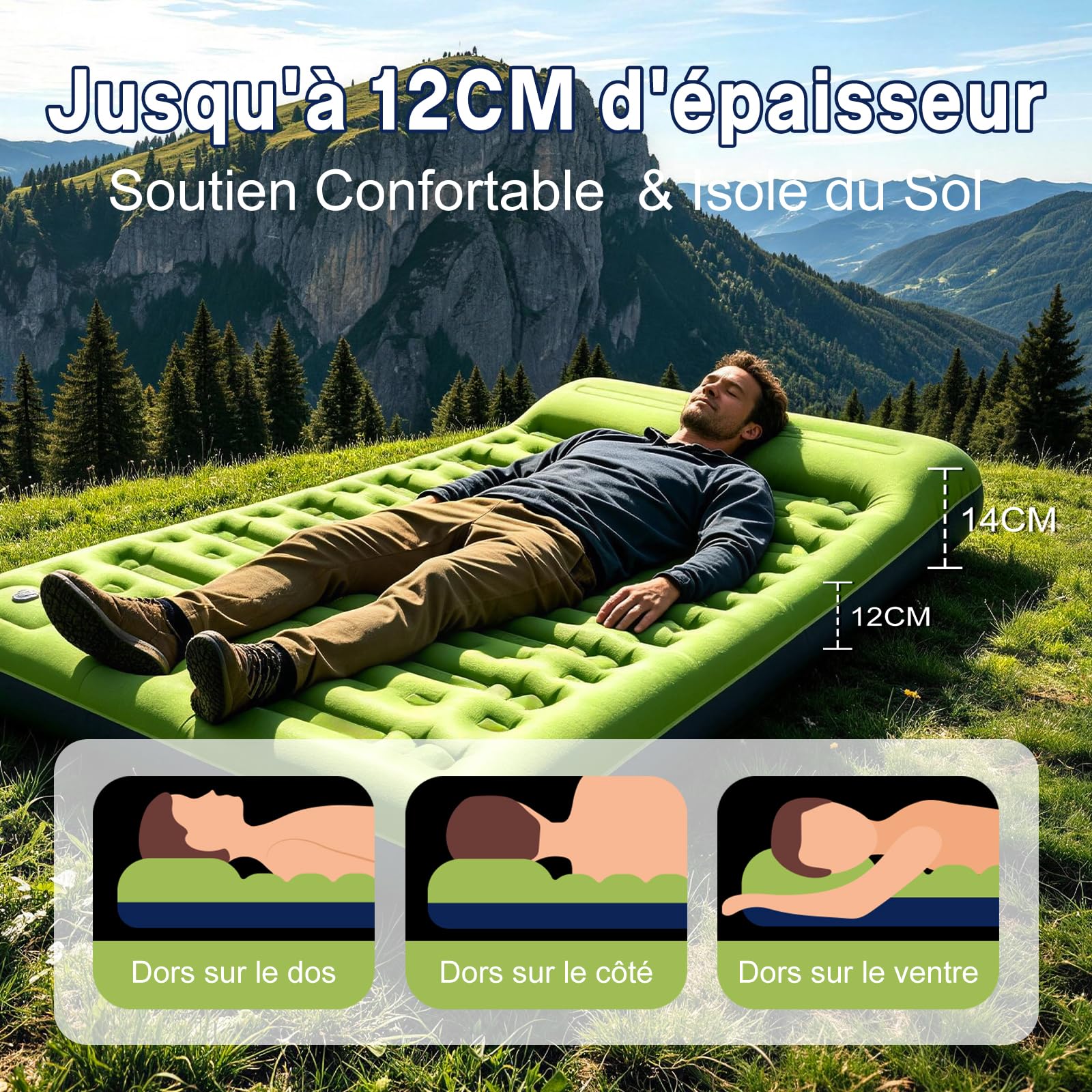 Matelas de Camping 2 Personnes 12 cm Autogonflant Ultra Léger avec Pompe à Pied et Oreiller Intégrés