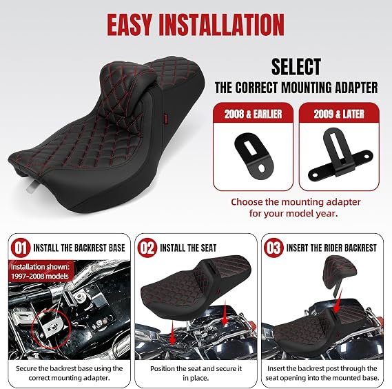 Gel Two-Up Motorcycle Seat with Height-Adjustable Rider Backrest