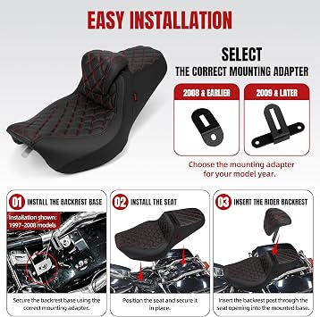 Gel Two-Up Motorcycle Seat with Height-Adjustable Rider Backrest