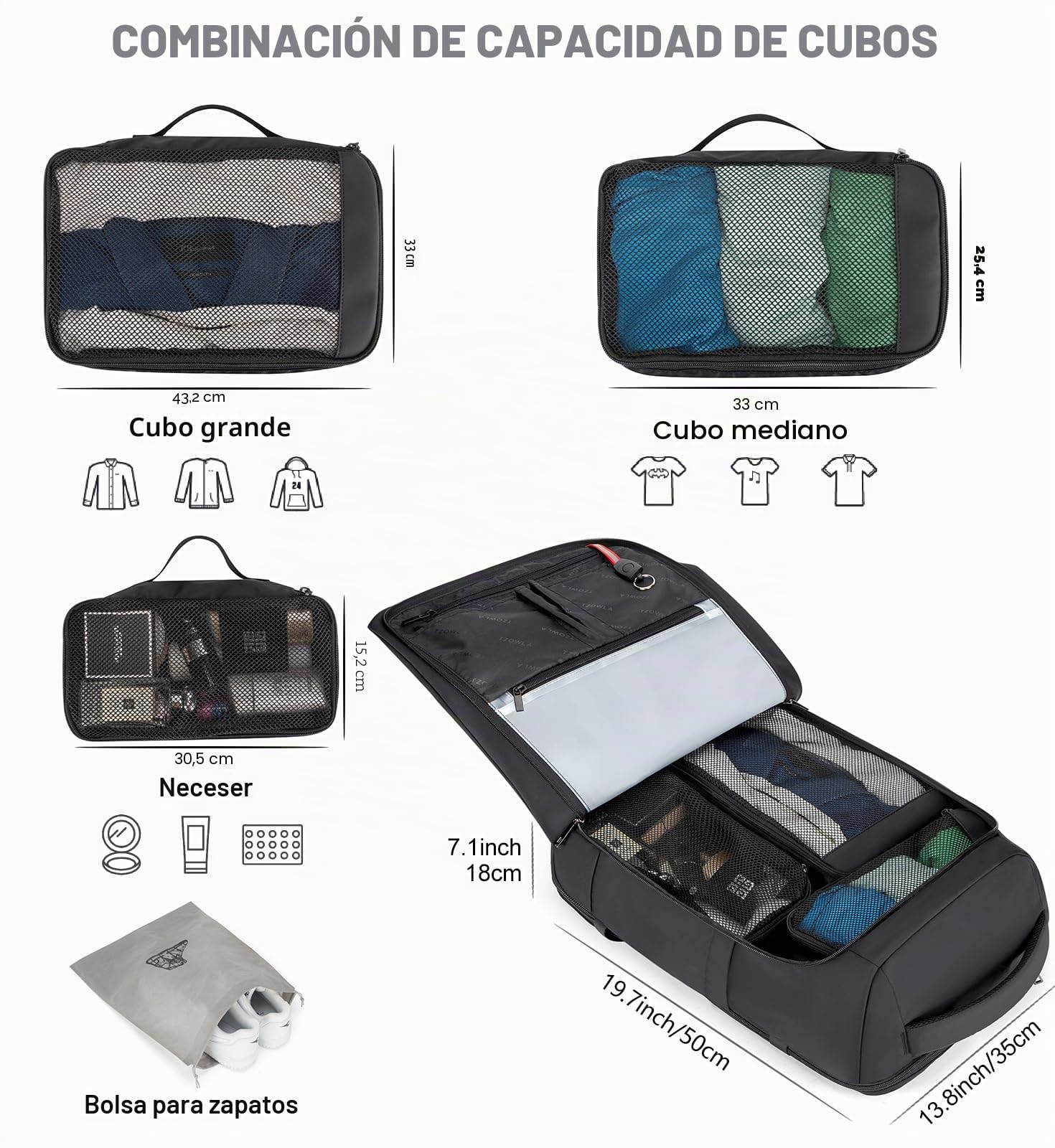 Tzowla Mochila Viaje Cabina Avion para Hombre y Mujer 40 litros,Mochila para Portatil Impermeable Antirrobo con Puerto de Carga USB,Bolsa de Transporte Casual para 17,3 pulgadas