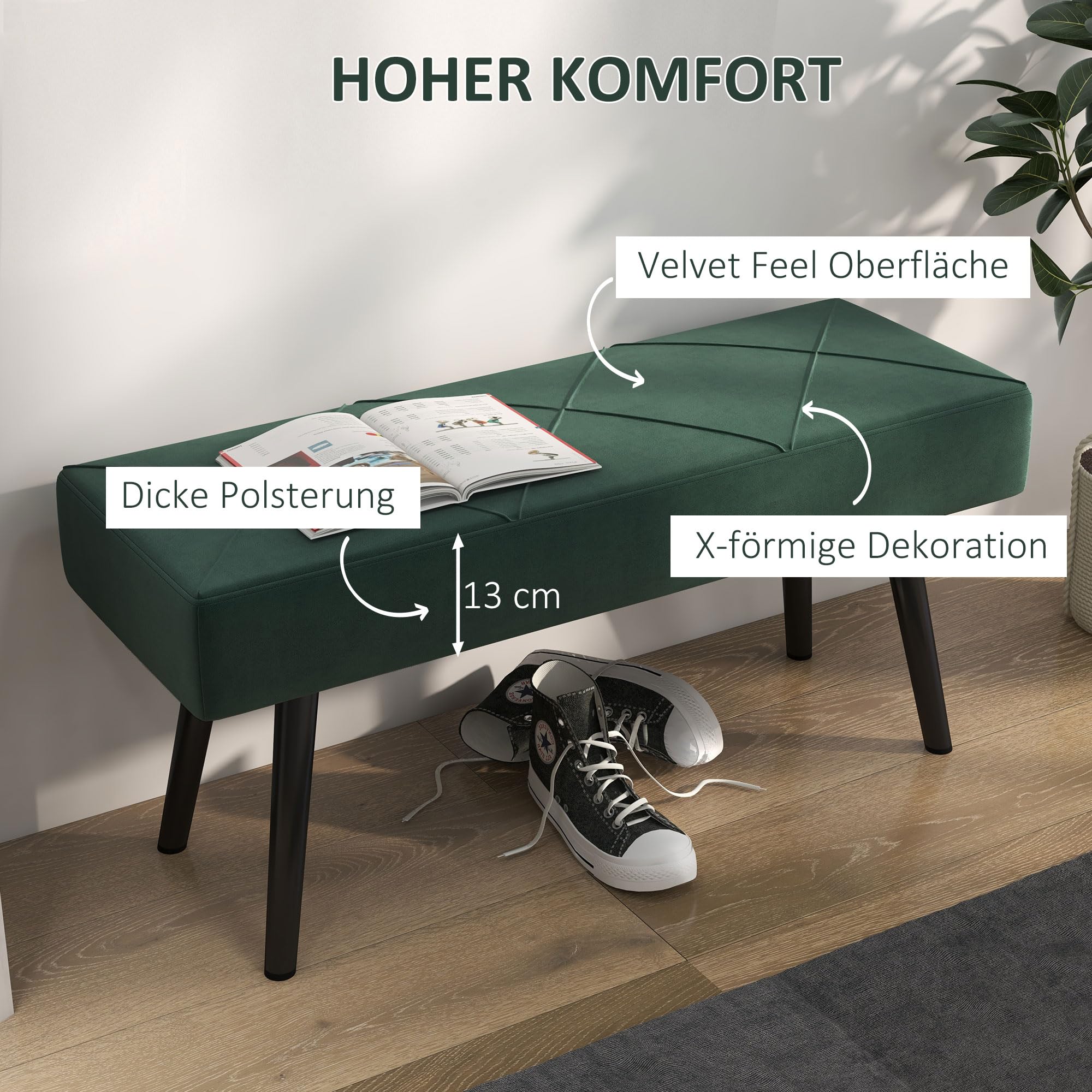 HOMCOM Sitzbank mit Samtoptik Stahlbeinen 100 x 35 x 47 cm Grün | Polsterbank, Bettbank, Schuhbank, für Schlafzimmer, Wohnzimmer, Flur
