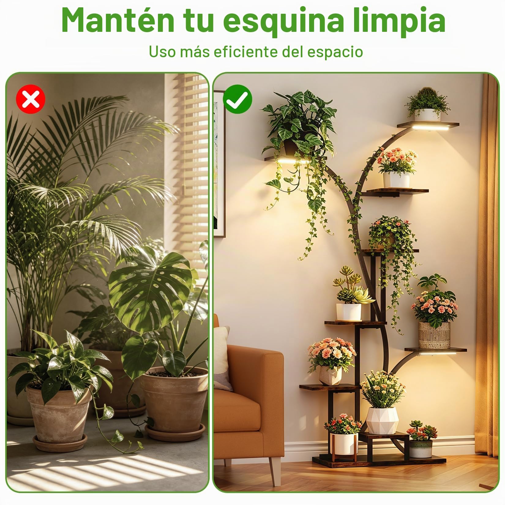 unho Soporte Plantas Interior con Luz LED, Estante de Metal | Luz USB con Temporizador 3/9/12h y Espectro Completo 420-660nm, Ideal Para Crecimiento y Floración, Incluye Correa Antivuelco