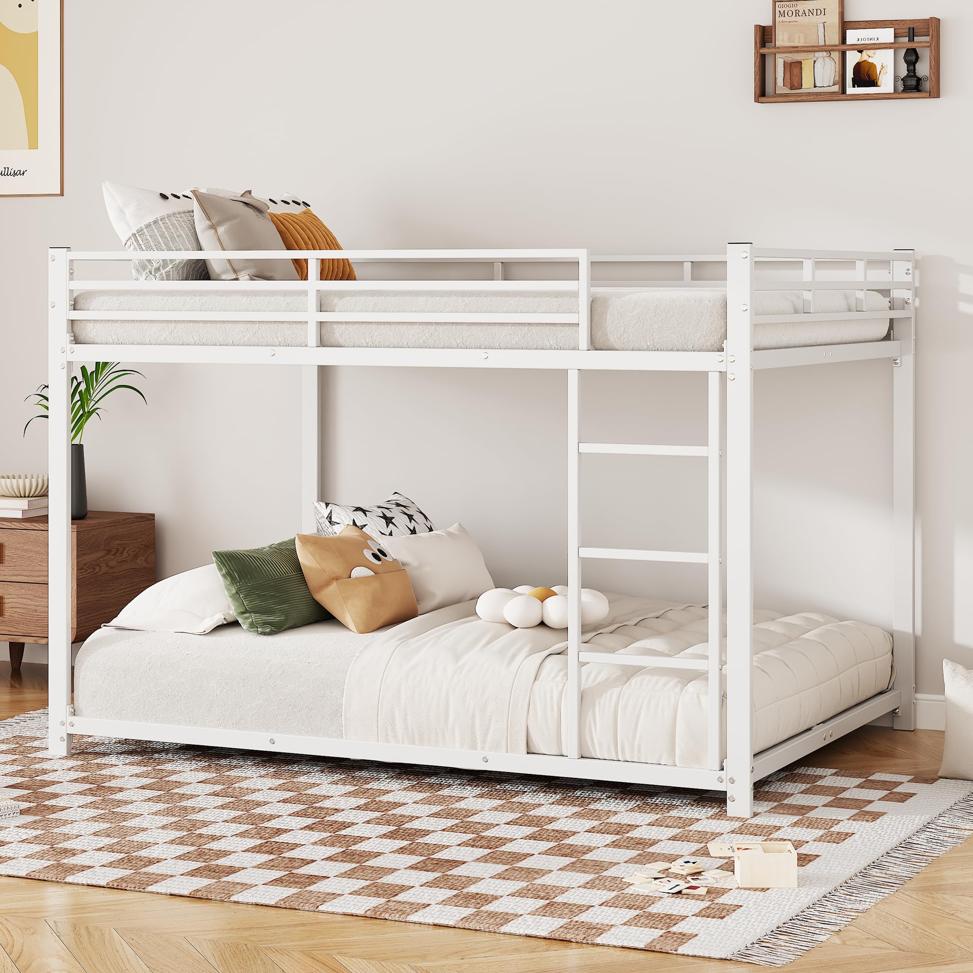 Cama alta de 140 x 200 cm, litera para 2 niños, estructura de metal, literas con barandilla alta estable, color blanco (blanco, 140 x 200 cm)