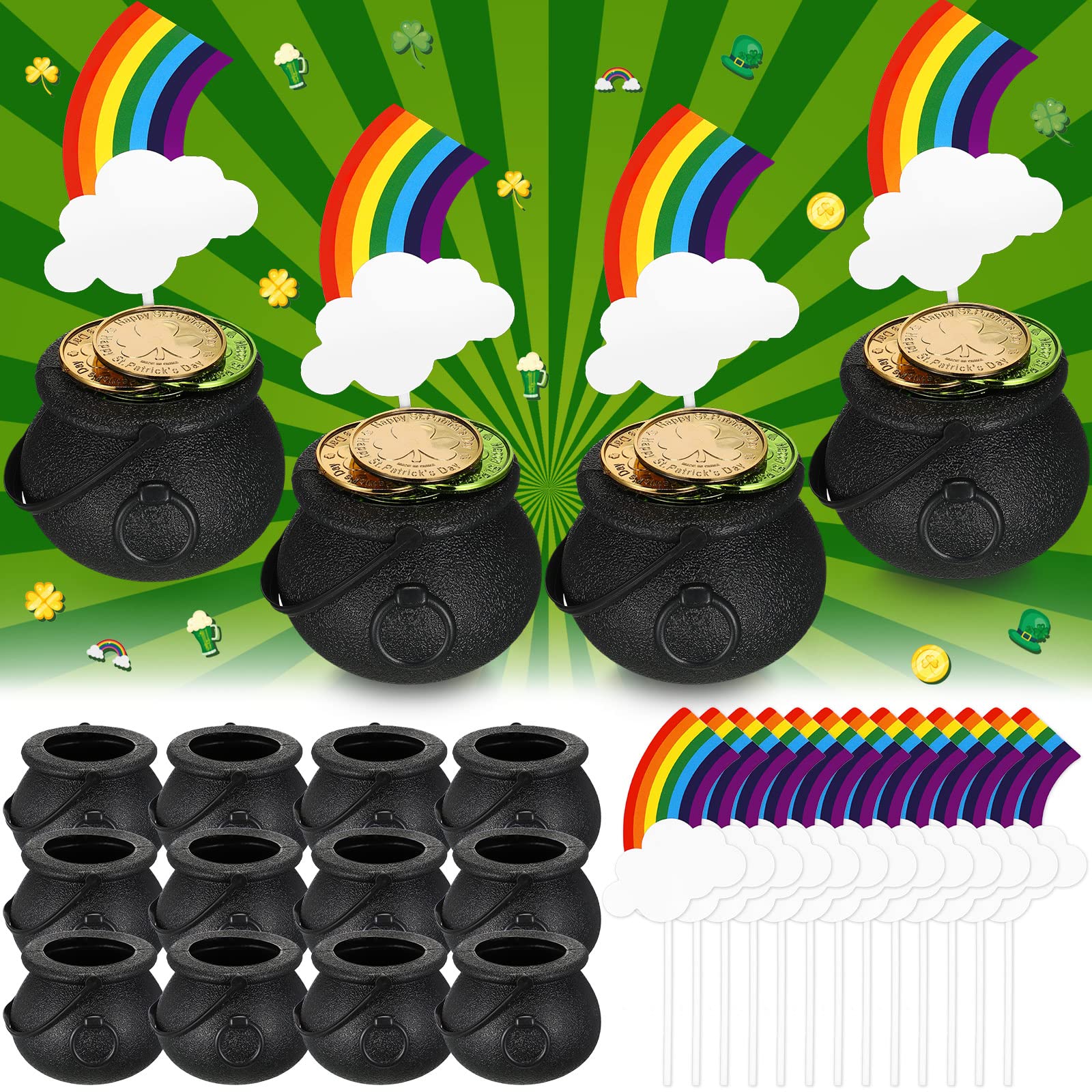 12 Pcs Mini Black Cauldron and 12 Pcs Cloud Rainbow Cake Toppers Cupcake Decorations Plastic Candy Kettles with Handle Plastic Small Cauldron for St Patricks Day Party Favor Leprechaun Supplies