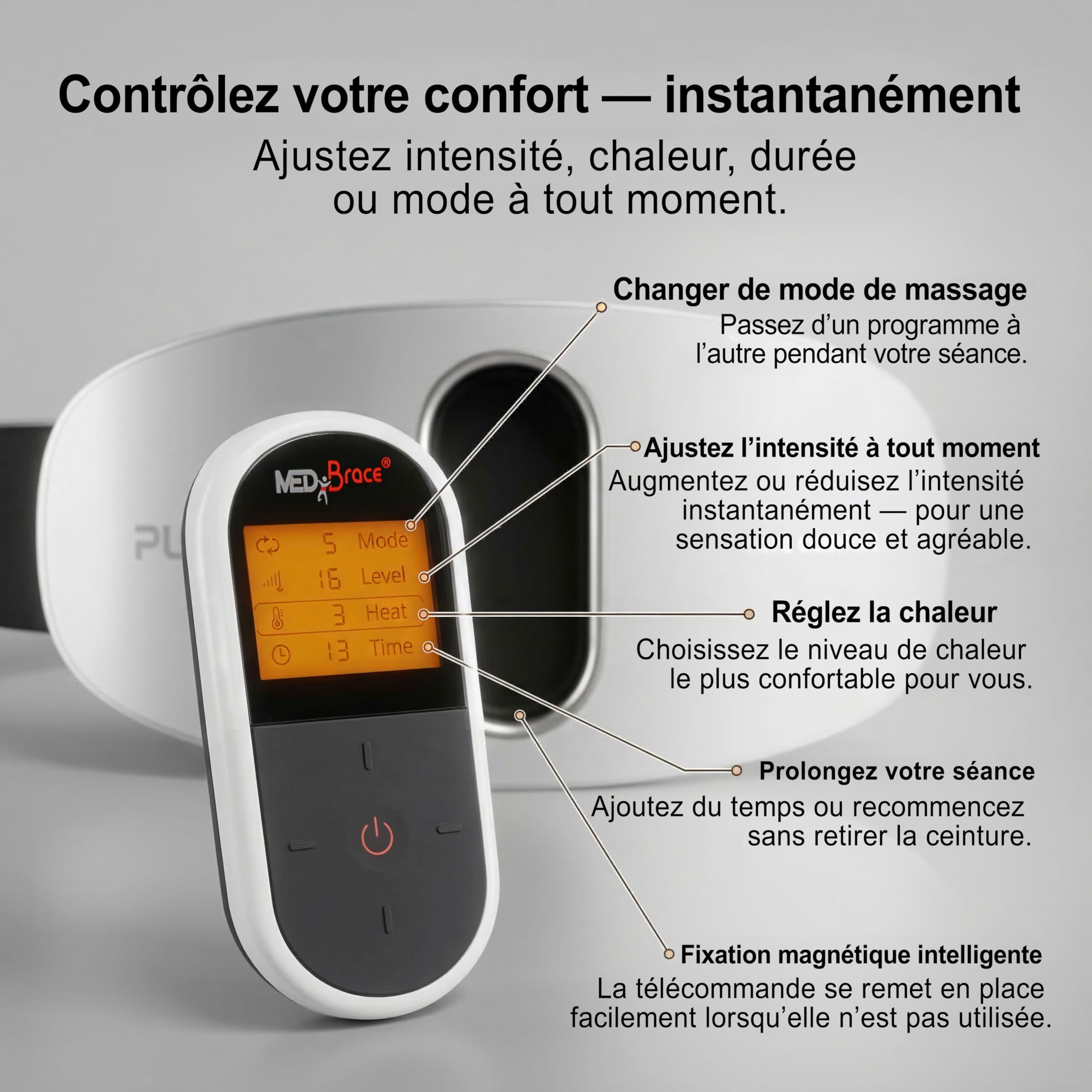 MEDiBrace PULS8 Ceinture chauffante de massage par impulsions pour le bas du dos et l’abdomen, rechargeable USB-C, sans fil, lumière rouge (LED) (PULS8 Complete (inclut l’adaptateur secteur USB))