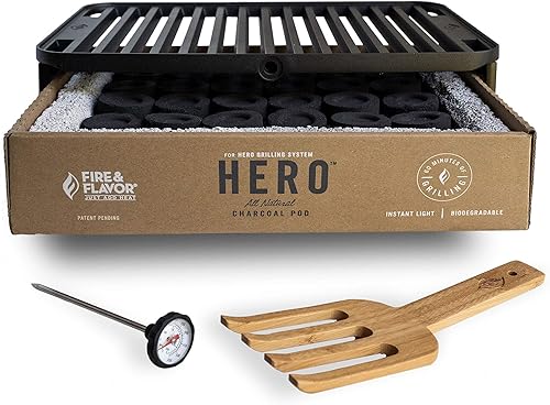 Fire & Flavor HERO - Kit de parrilla ultra portátil, fácil y instantánea, para parrilla de carbón ligero para portón trasero, playa, caravana,