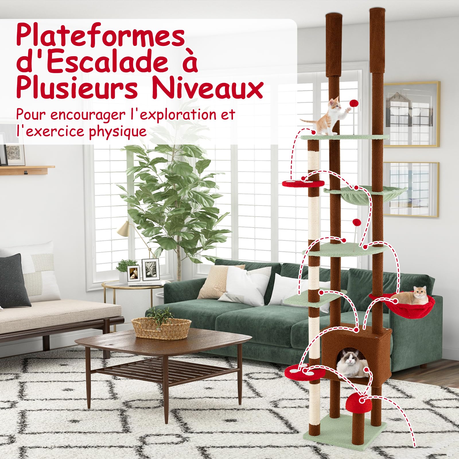 COSTWAY Arbre a Chat Plafond, H207-237 cm/247-277 cm Réglable, Arbre a Chat Design XXL, 6 Plateformes, 6 Poteaux à Griffer en Sisal, Condo, Panier, Hamac, 2 Pompons (207-237 cm/247-277 cm,Multicolore)
