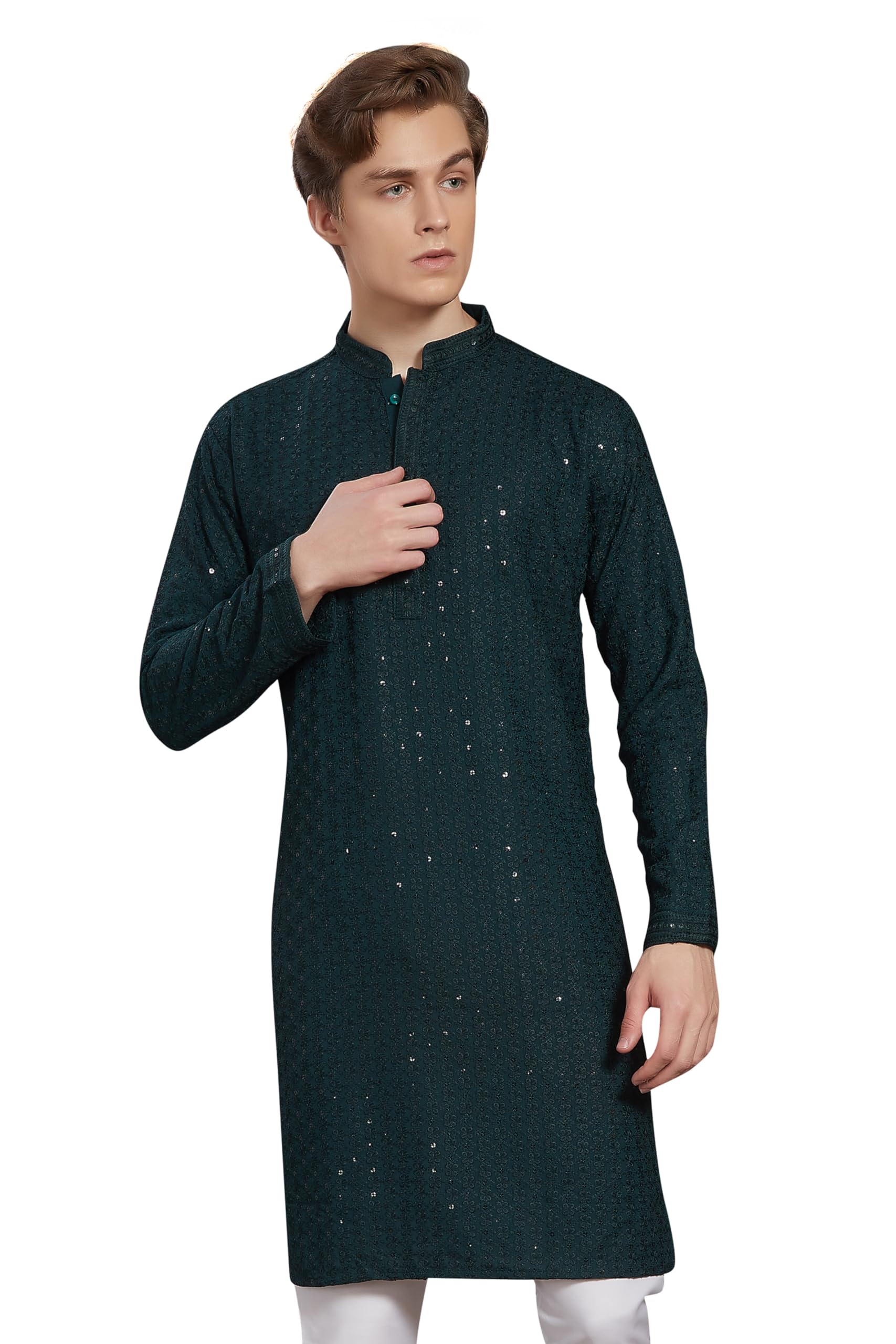 Divisive Men's Sequince Embroidered Cotton Blend Only Slim Fit Kurta (Dkrt234_Xxl_Green)