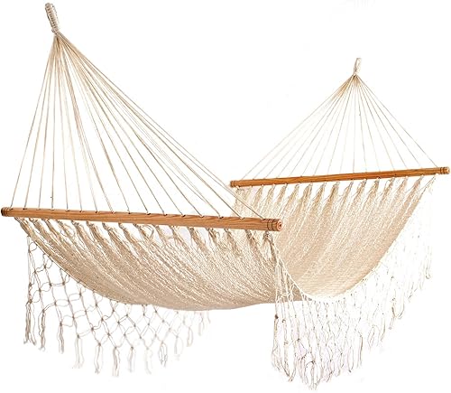 Novica Hamaca maya de nailon tejido a mano beige blanco roto para 1 persona con barras esparcidoras, flecos de ganchillo y accesorios para colgar,