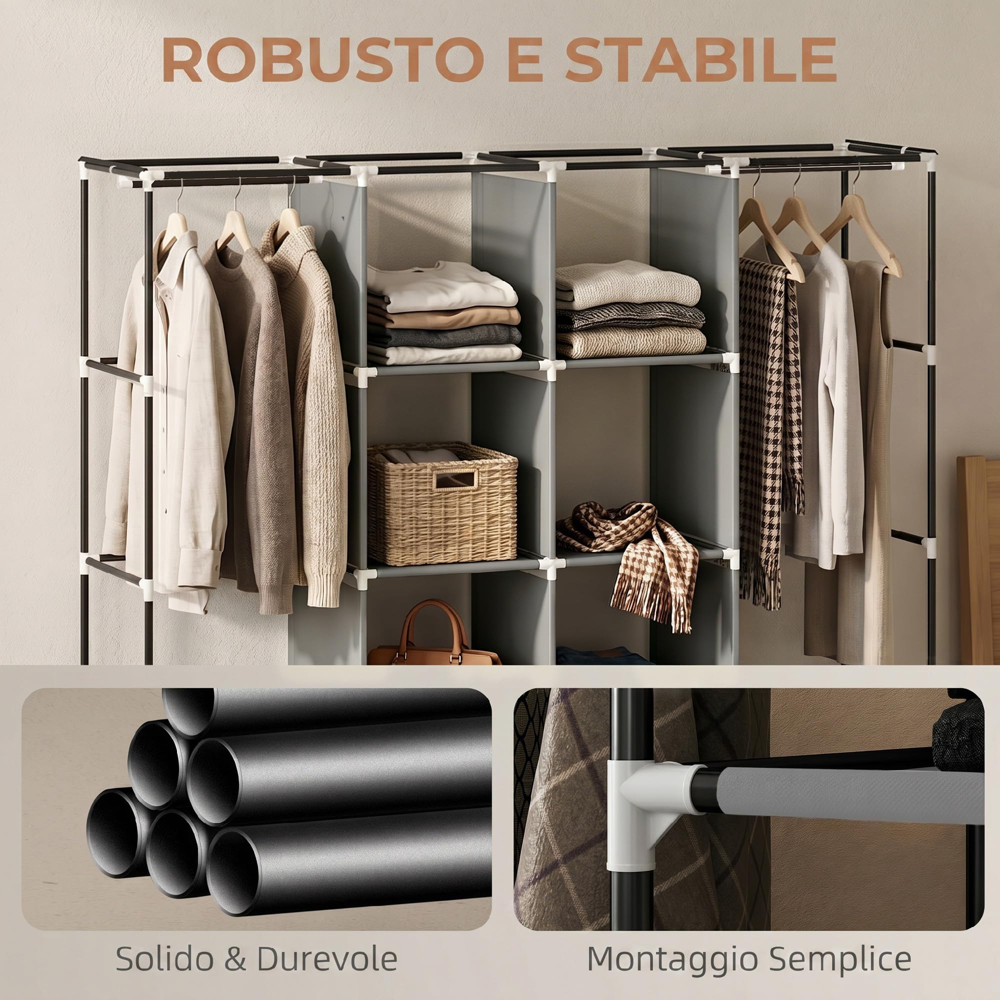 HOMCOM Armadio Portatile Guardaroba Ruote 166x42.5x167cm Grigio Scuro | Tessuto non Tessuto e Acciaio, 10 Scomparti, 2 Barre Appendiabiti, Ante a Cerniera