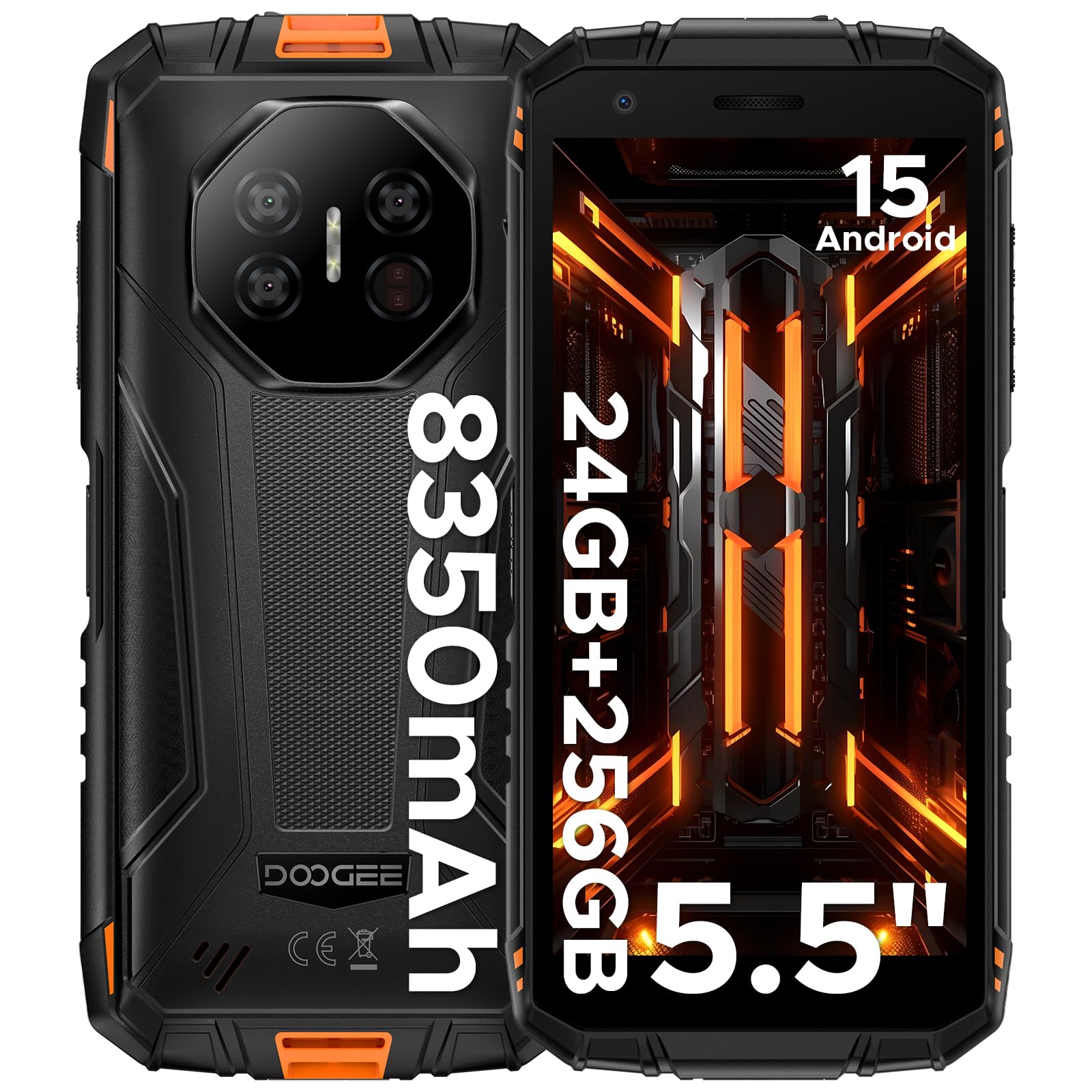 DOOGEE Fire 3 Ultra Rugged Smartphone Unlocked,24GB+256GB/TF 2TB Cell Phone,5.5” IPS HD,8350mAh Battery,20MP Night Vision+16MP Camera,Android 15 Rugged Phone,Widevine L1/Face ID/NFC/GPS(Orange)