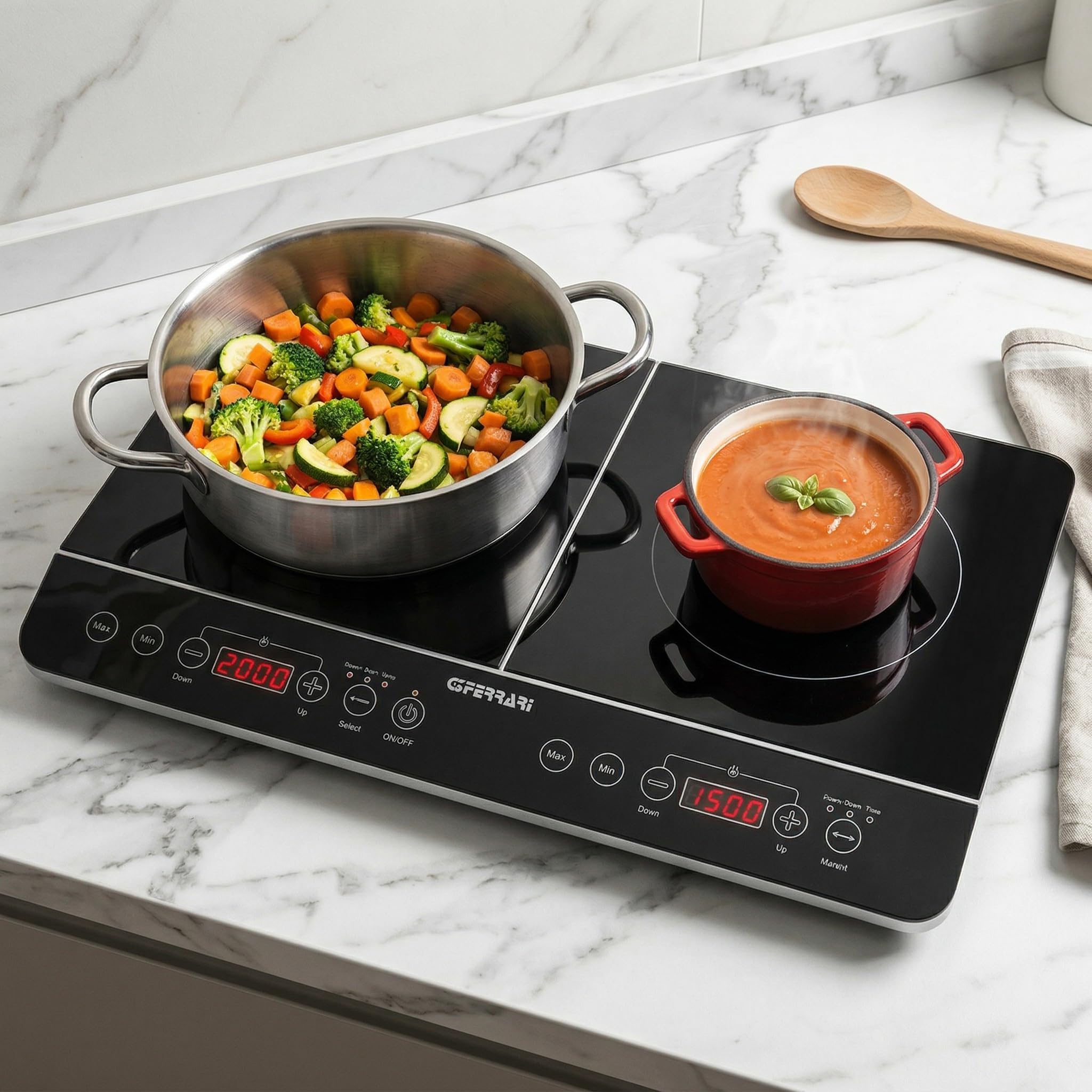 G3 Ferrari G10047 Piastra ad Induzione Doppia "Hi-Tech Chef", 3500W, Display digitale, Comandi Soft-Touch, Vetro Temperato, Grandi area di cottura, 60.3 x 36.3 x 6,5 cm, nero-grigio