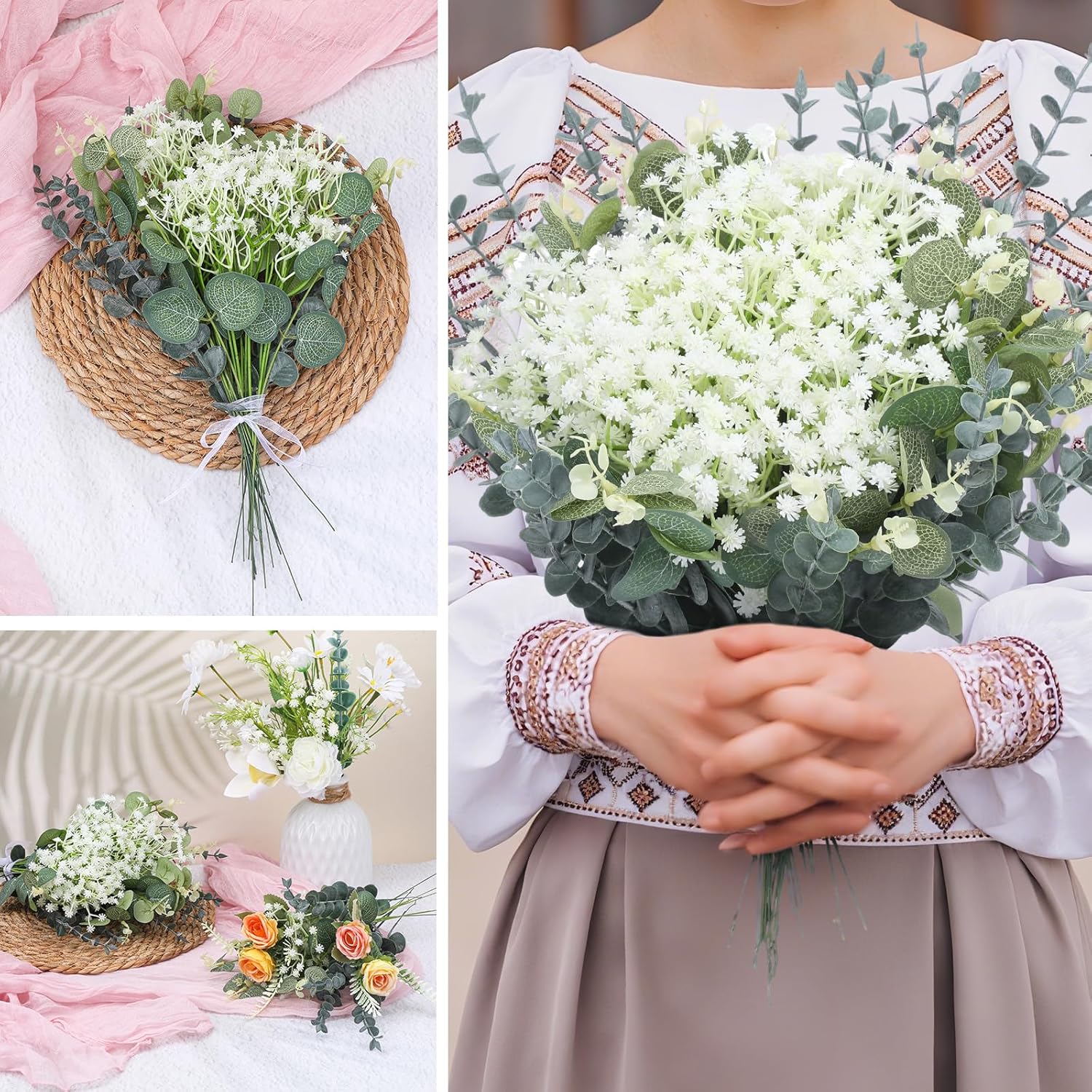 Eucalyptus Leaves Stems 120pcs 3 Kinds Mixed Artificial Greenery Stems Baby Breath Flowers Artificial Bulk Greenery Stem Floral Decor for Wedding Decor Vase Floral Arrangement Centerpiece DIY Bouquet