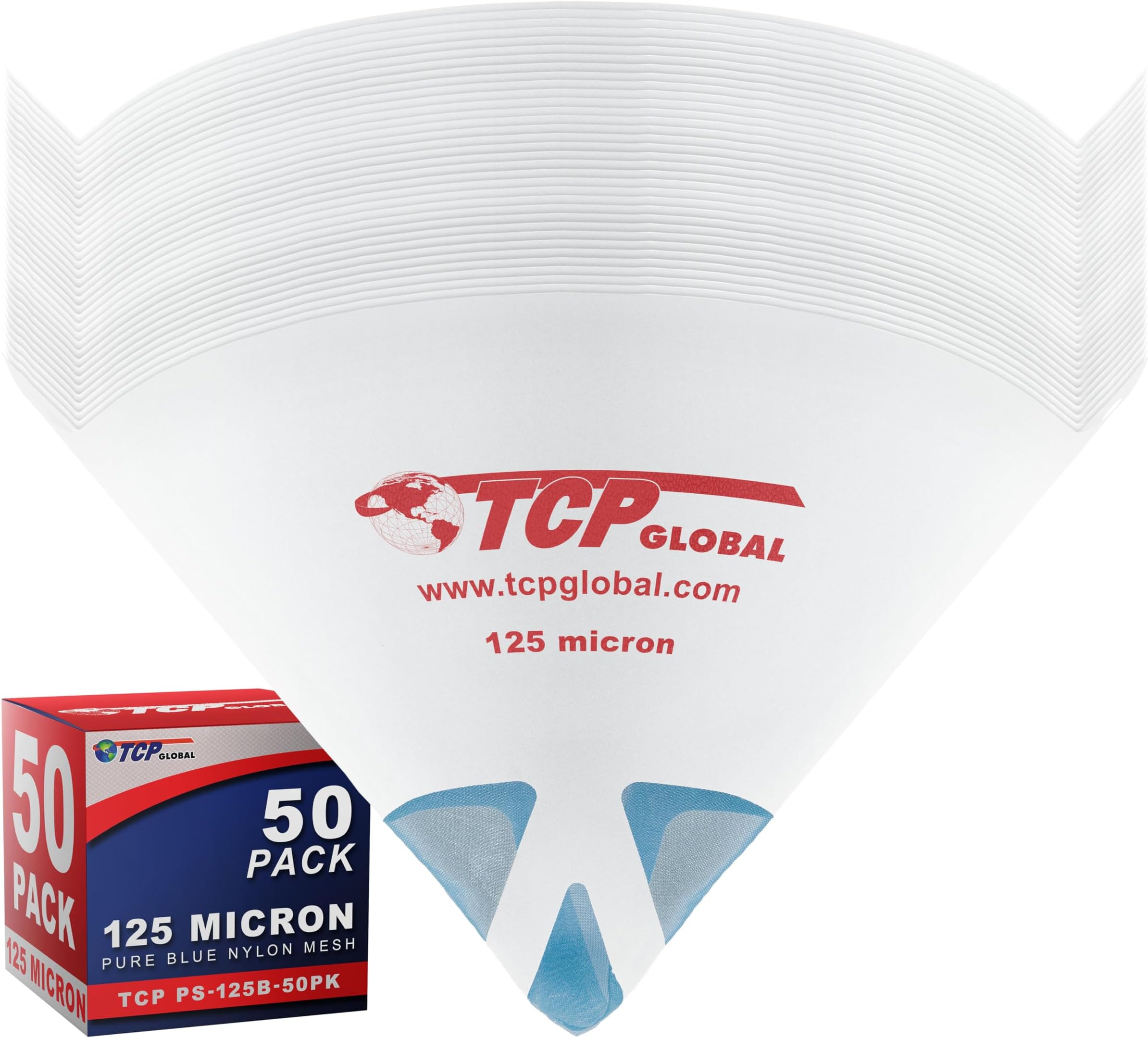 TCP Global - 125 Micron Filter Tips Ultra-Fine Paint Strainer (50 Pack) - Pure Blue Nylon Mesh Cone Strainer - Paint Filter Cones for Auto, House & Hobby