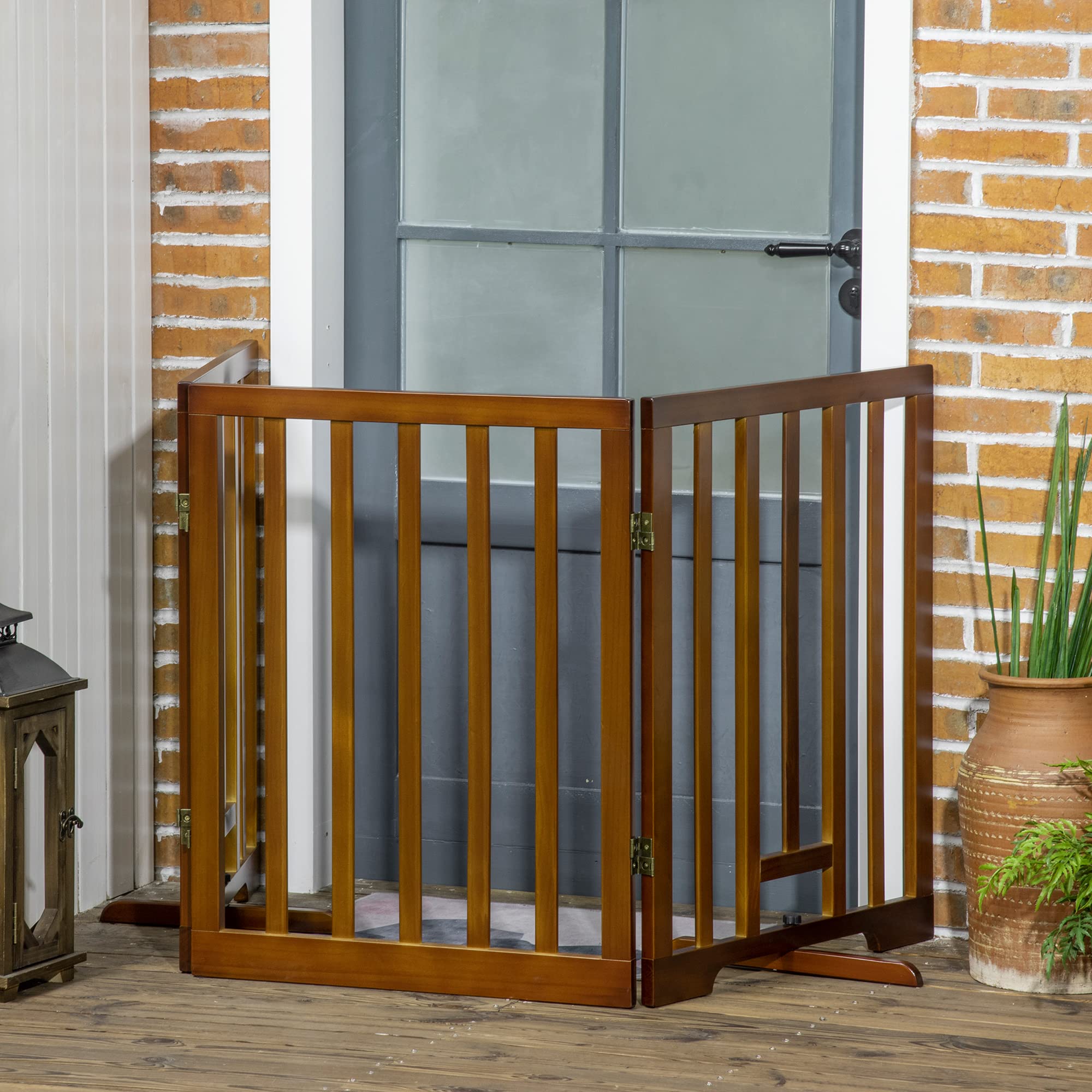 PawHut Cancellino per Cani Cancelletto 3 Pannelli 181x35x76cm Marrone Scuro | Pieghevole, Piedini Antiscivolo, per Corridoi Scale e Stanze, in Legno di Pino