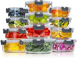 YASHE Boite Alimentaire Verre avec Couvercle Hermétique - Lot de 12 Lunch Box Verre Réutilisables, Sans BPA, Compatibles Micro-ondes, Four, Lave-vaisselle, Congélateur