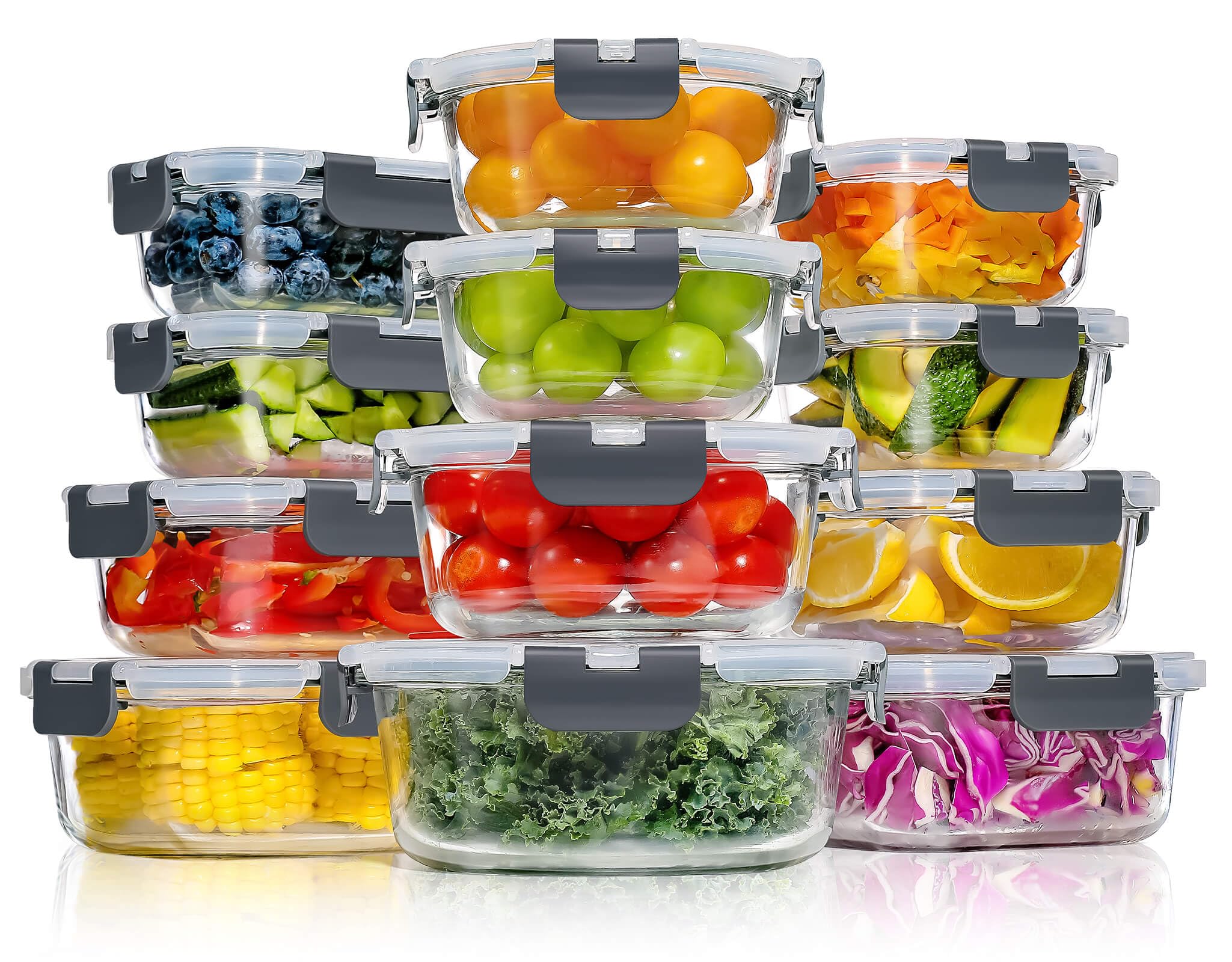 YASHE Set di 12 Contenitori Vetro per Alimenti con Coperchi Ermetici - Senza BPA, Adatti a Microonde, Forno, Frigo e Congelatore - Ideali per Conservazione, Meal Prep e Organizzazione Cucina