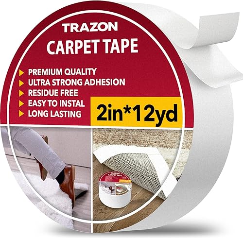 Trazon Cinta adhesiva de doble cara para alfombras de suelo de madera dura y alfombras de área, cinta adhesiva fuerte y extraíble, cinta adhesiva