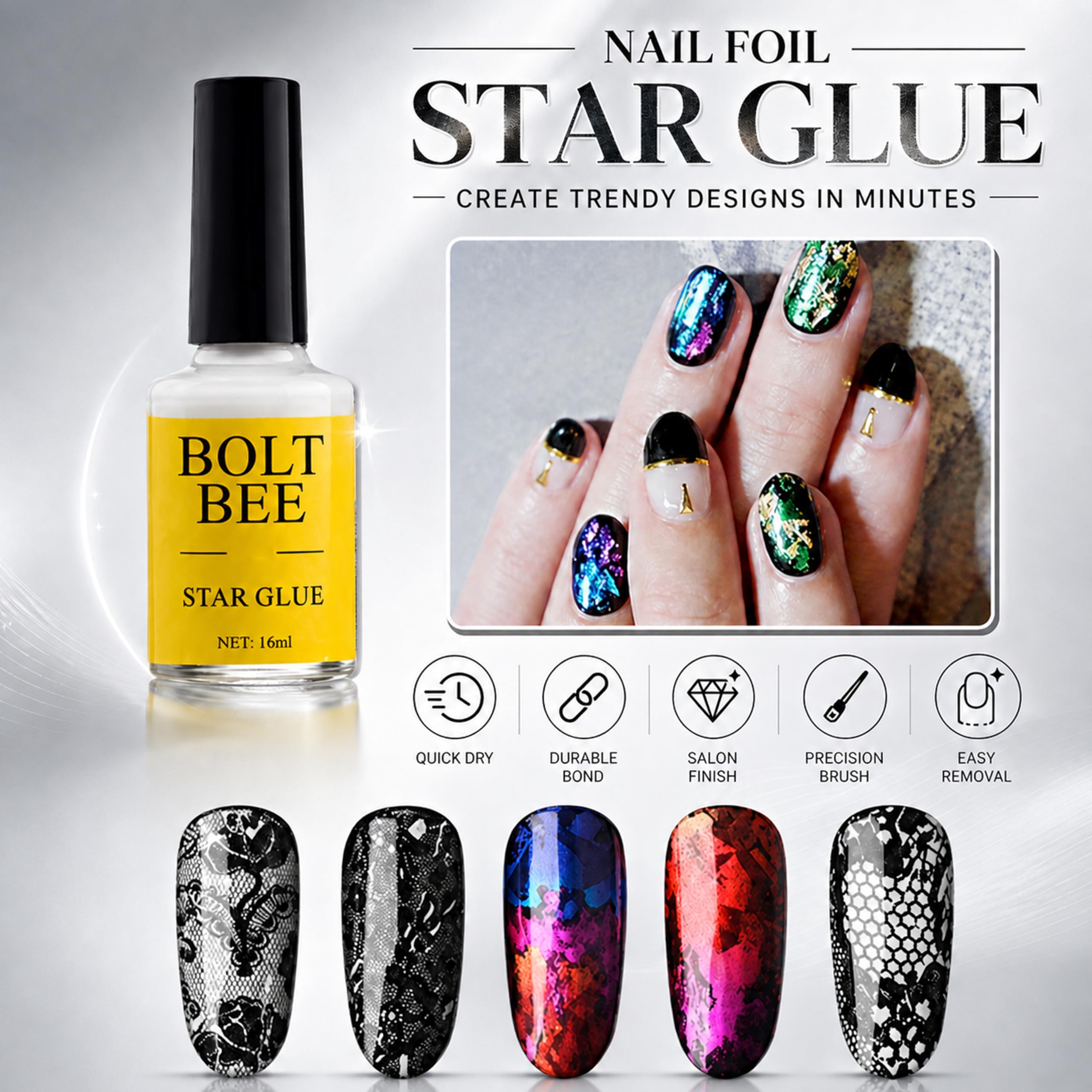 Nail Art Glue for Foil Sticker Nail Transfer Tips Decorations Adhesive White 16 ML/Bottles 4