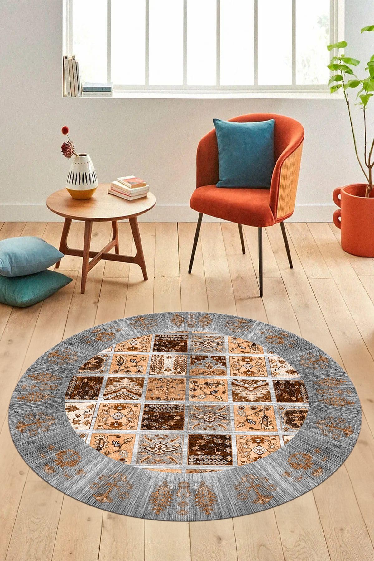 Evdeya Yeni Etnik Desen Kaymaz Taban Yıkanabilir Yuvarlak Mutfak Salon Koridor Halısı Y-ETNİK-18, Gri, 100 x 100