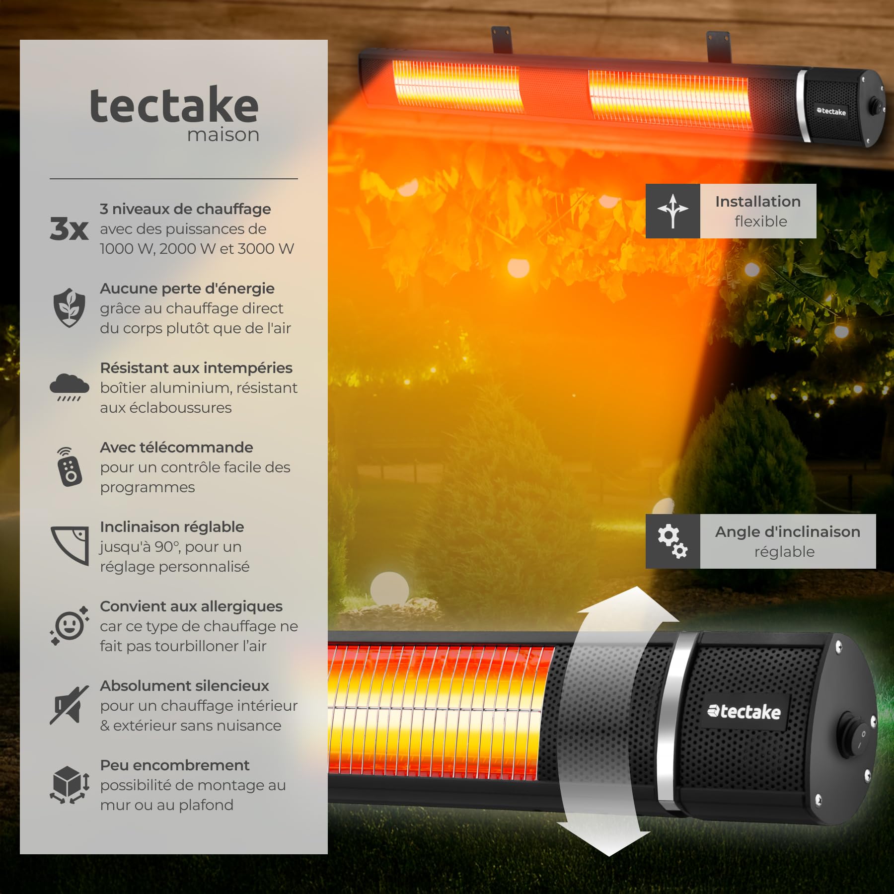 tectake® Chauffage Electrique Infrarouge Silencieux Chauffage exterieur terrasse réglable économique 1000W, 2000W & 3000W Chauffages d'appoint pour Jardin, Balcon, Salon, Restaurant, Jardin d'hiver