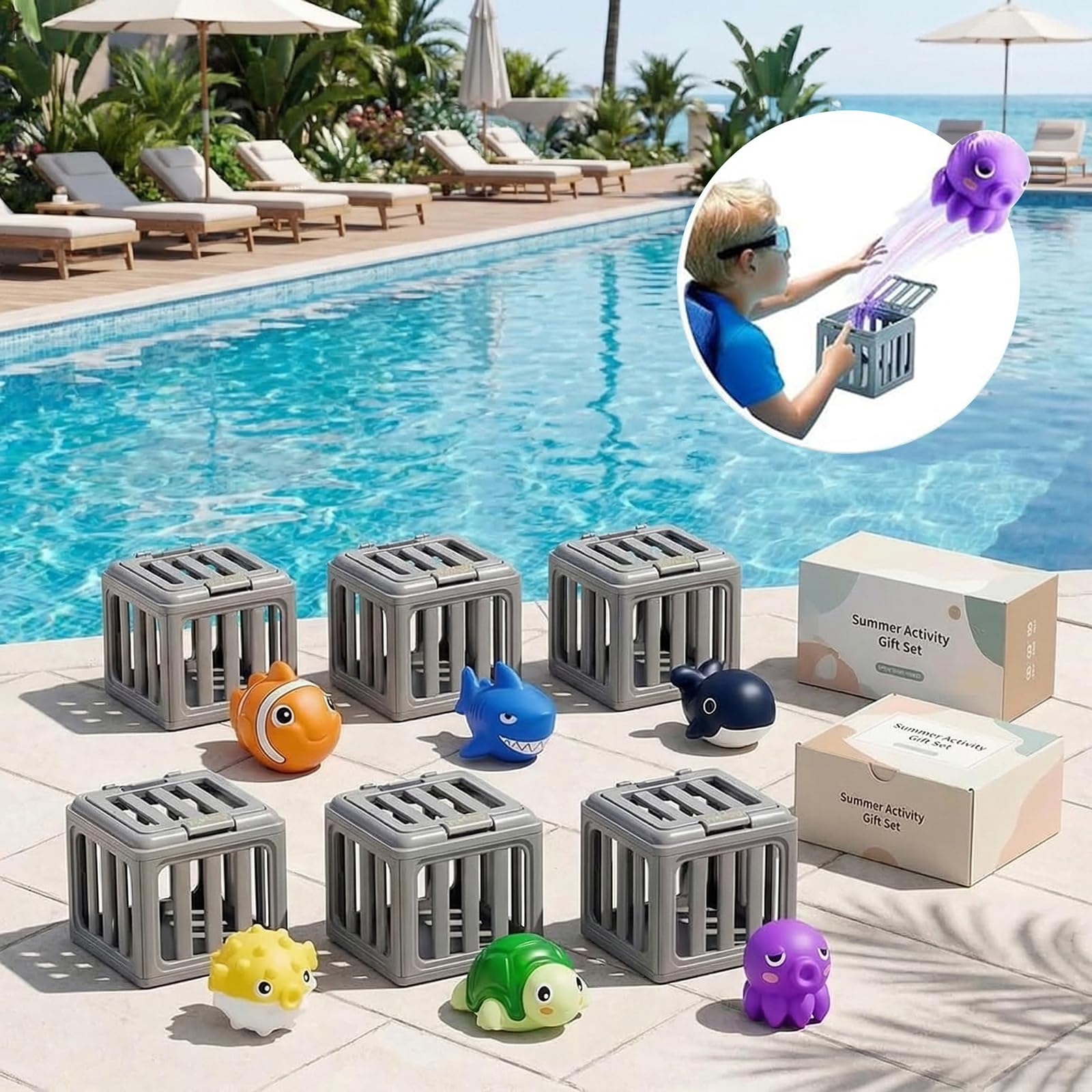 Children's Pool Diving Toys, Water Swimming Dive Pools Game, Underwater Dive Rescue Toy, Bath Toy Play Set with Fish Box Floating Animals, Fun Outdoor Beach Lake Swim Summer Party Gift-1 Set — view 2