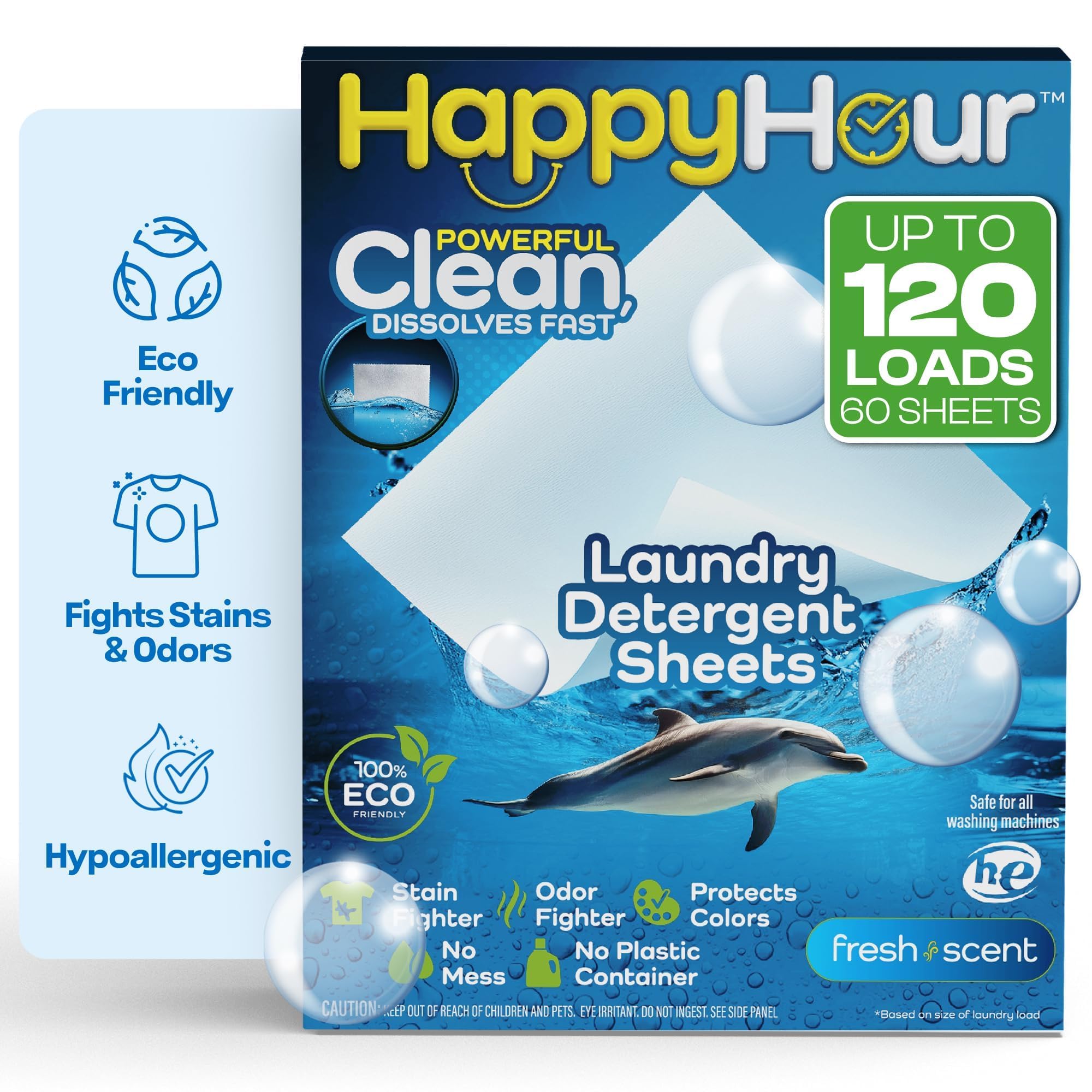 HAPPY HOUR Laundry Detergent Sheets Fresh Scent – 120 Loads, Eco Friendly, Liquidless Soap, Travel Friendly for Hot & Cold Cycles, Fights Tough Stains