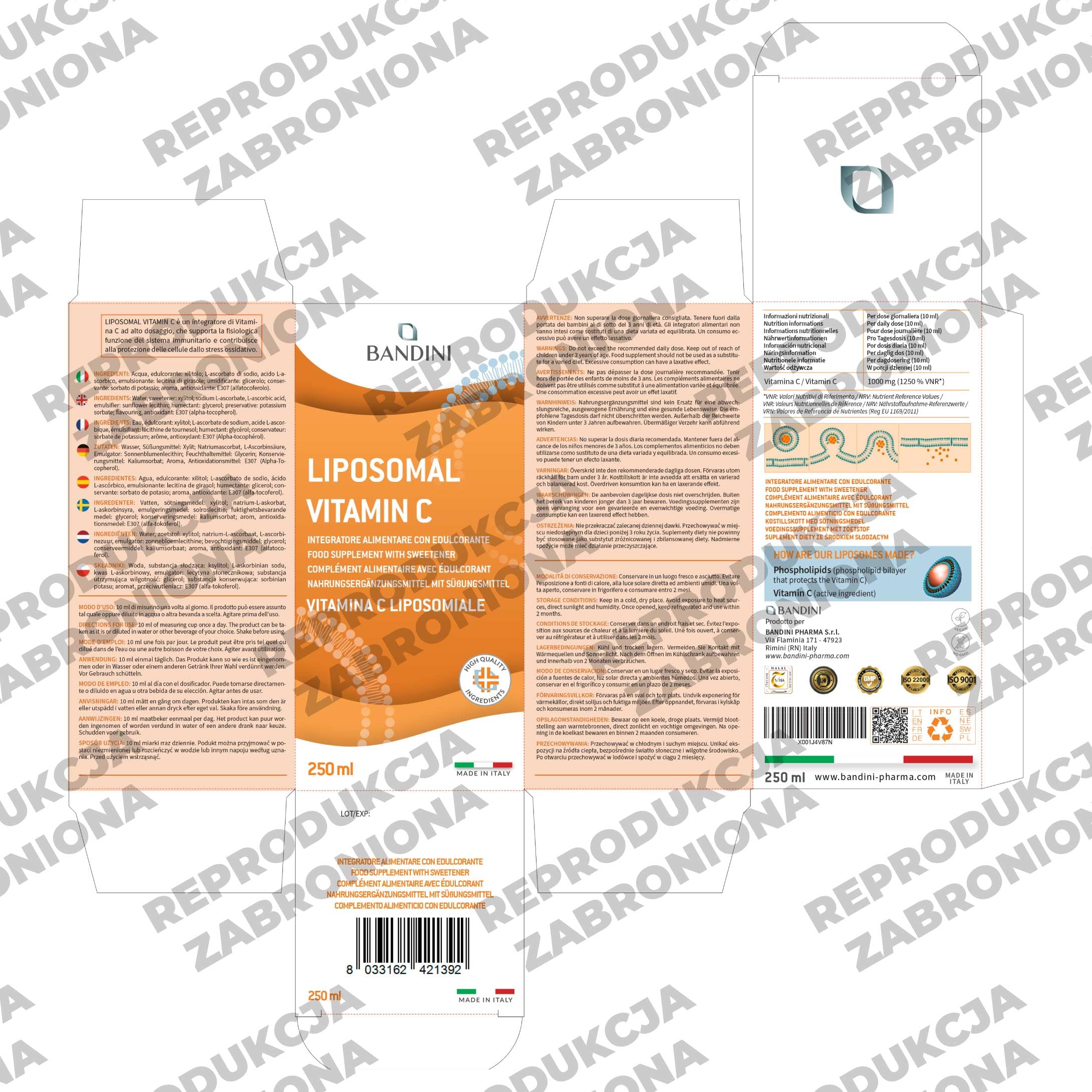 Bandini® Płynna liposomalna witamina C BANDINI PHARMA, suplement diety 1000 mg, wysoka dawka i wchłanianie, wysoka biodostępność, przeciwutleniacz, bez GMO, 250 ml z nasadką dozującą