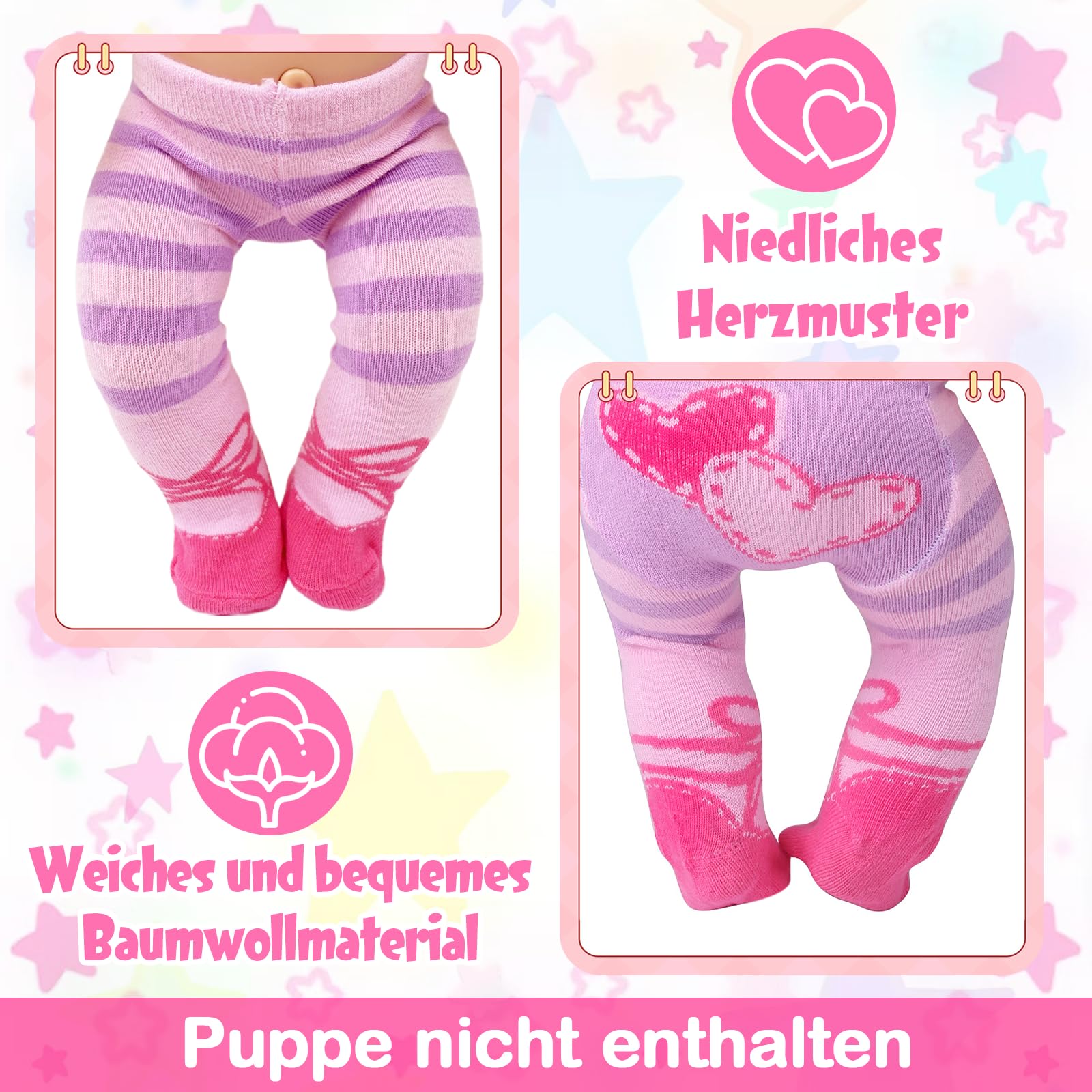 Xerteam Doll Tight with Pink Heart Pattern + 2 Doll Socks for 33-43cm Dolls, Cute Baby Dolls Socks Set for 14-18 Inch - Image 3