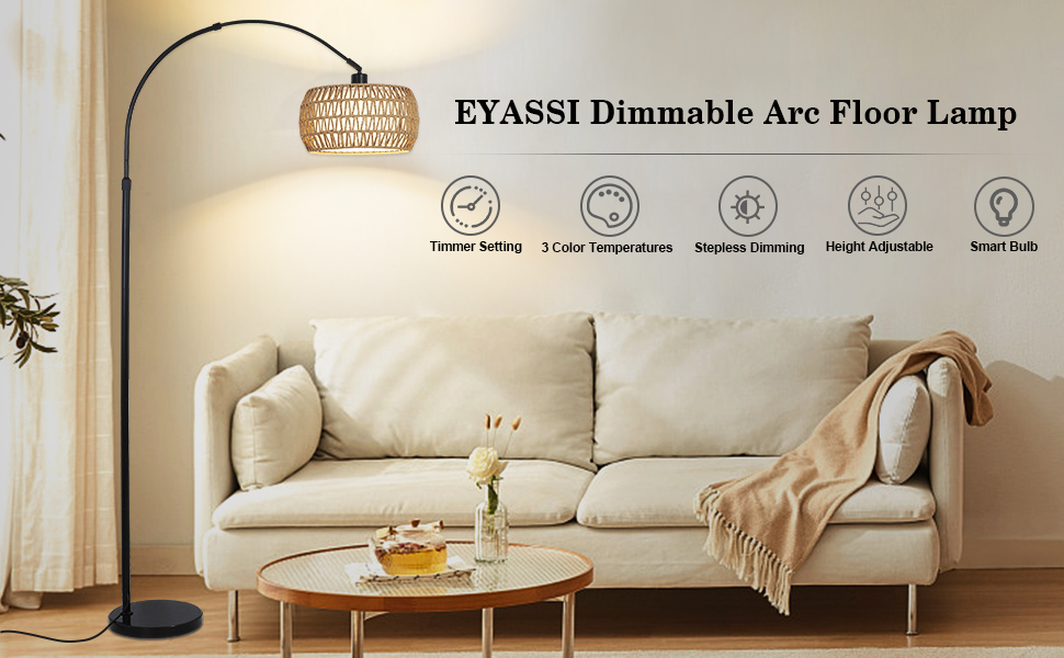 Image of Arc Floor Lamps for Living Room with 3 Color Temperatures, Black Standing Lamp with Remote & Dimmable LED Bulb, Rattan Boho Floor Lamp, Farmhouse Tall Lamp for Bedroom, Over Couch Arched Reading Light