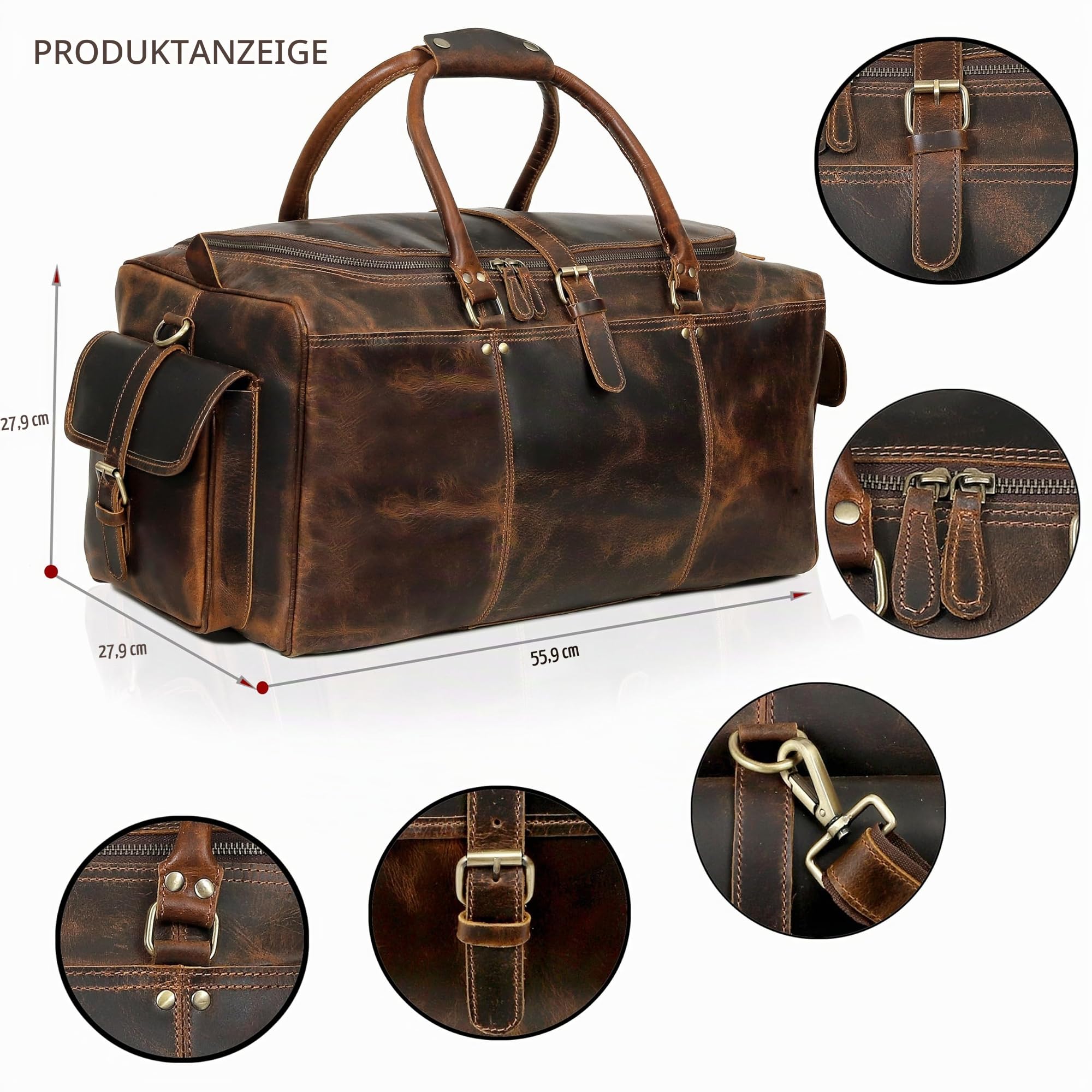Premium Duffel Taschen für Männer Holdall Leder | Reisetasche | Wochenend-Duffle-Tasche | Dunkelbraun | Groß 24 x 12x 11 Zoll