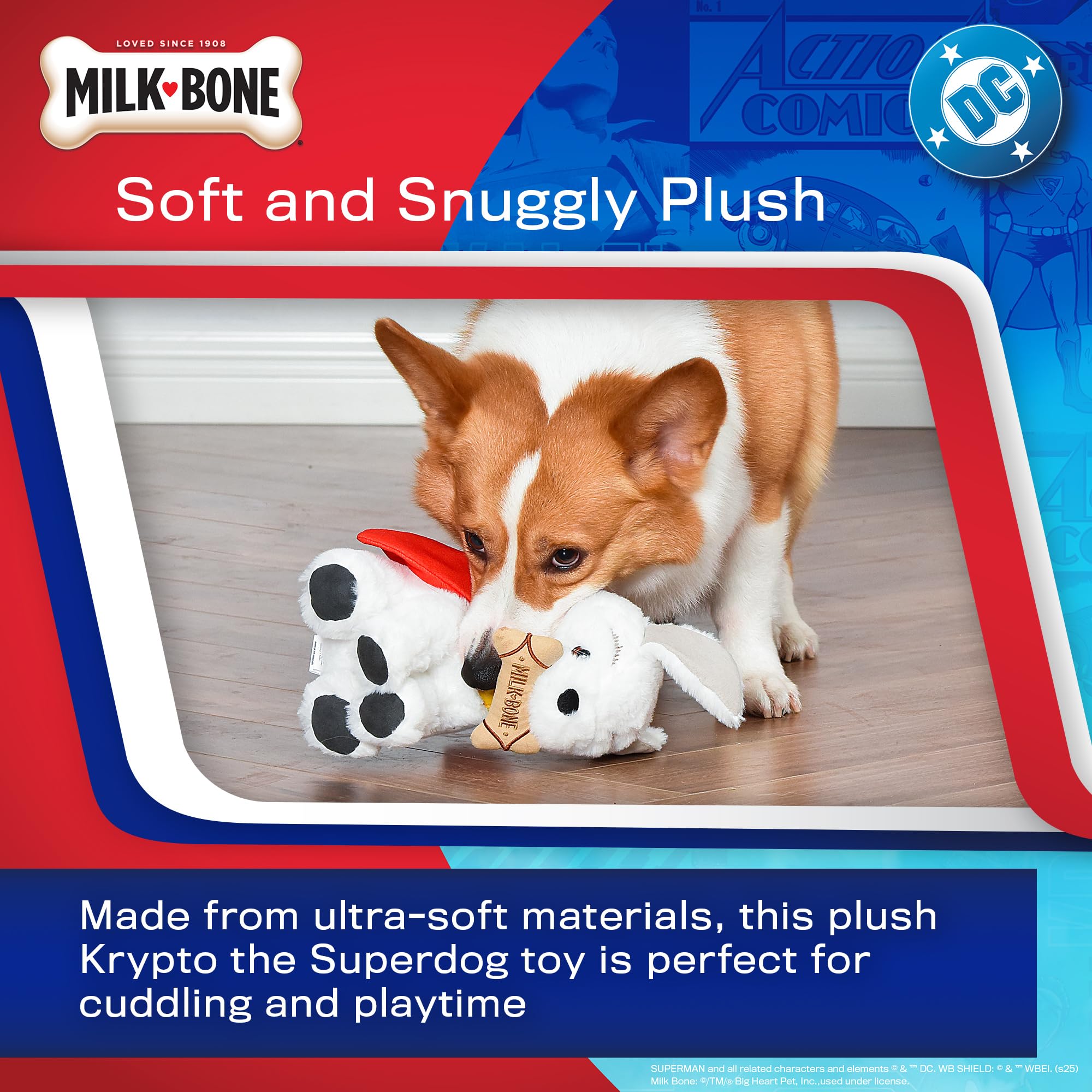 DC Comics Superman Krypto The Superdog Plüsch-Hundespielzeug – weiches quietschendes Hundespielzeug mit Knistergeräuschen, Umhang & Milchknochen-Leckerli-Design, 19,1 cm