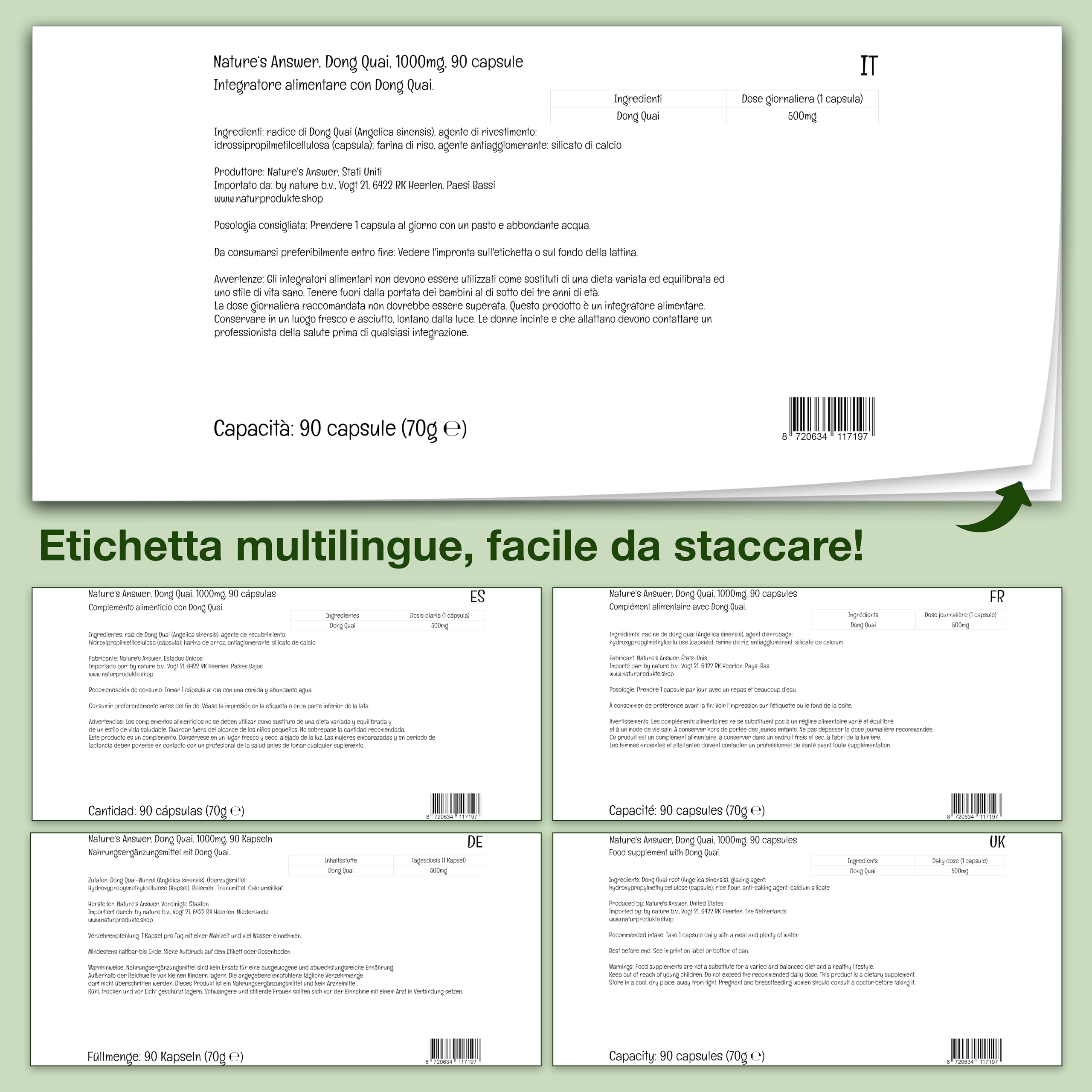 Nature's Answer, Dong Quai, 500mg, 90 Capsule vegane, Testato in Laboratorio, Senza Glutine, Senza Soia, Vegetariano, Non OGM
