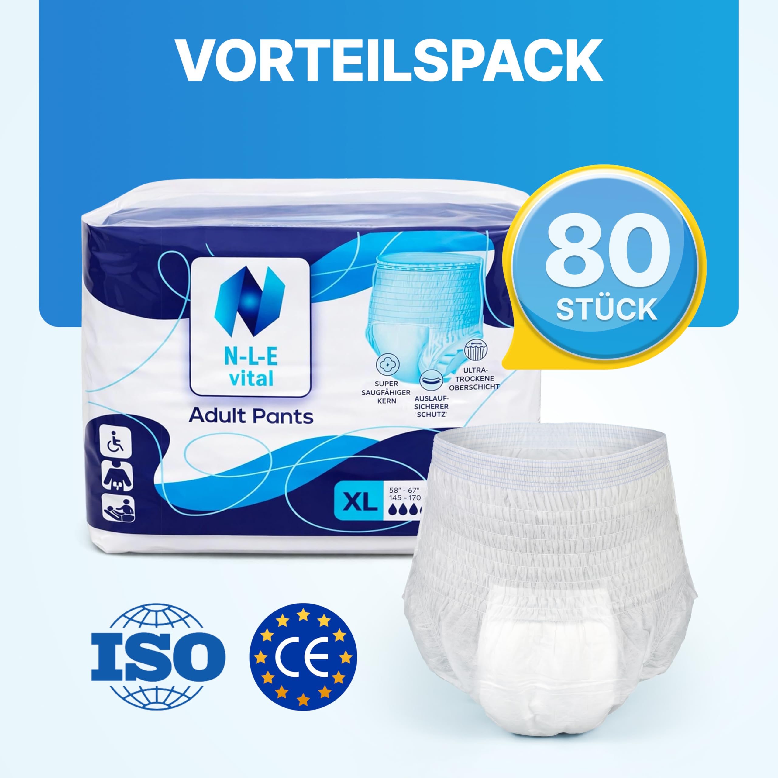 N-L-E Spodnie z nietrzymaniem moczu dla dorosłych XL, 80 sztuk, pieluchy do podciągania, moc ssania 1000 ml (XL - 80 sztuk)