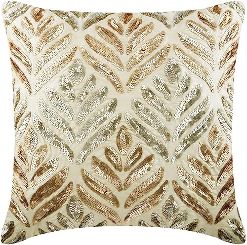 Miniatura 6 de The HomeCentric Funda de almohada, marfil, dorado y plateado de 16 x 16 pulgadas, fundas de almohada de seda Chevron y con cuentas para sofá, patrón